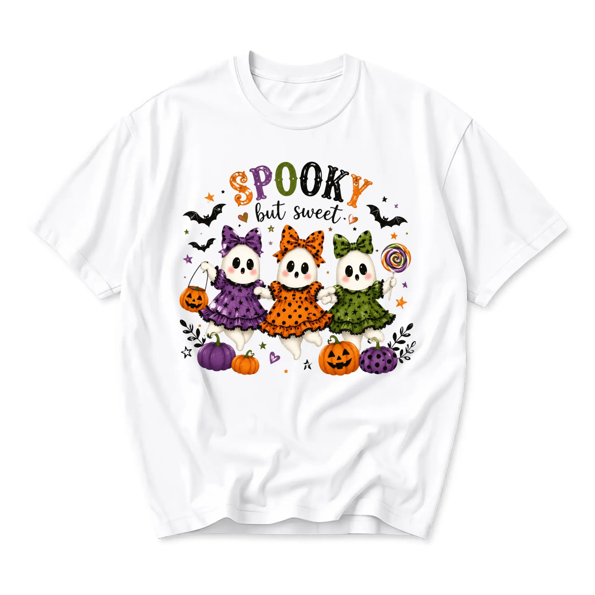 Funny Shirt Spooky but Sweet Ghost Graphic Tee Seasonal Autumn Fall Holiday Unisex Short Sleeve Crew Neck Top