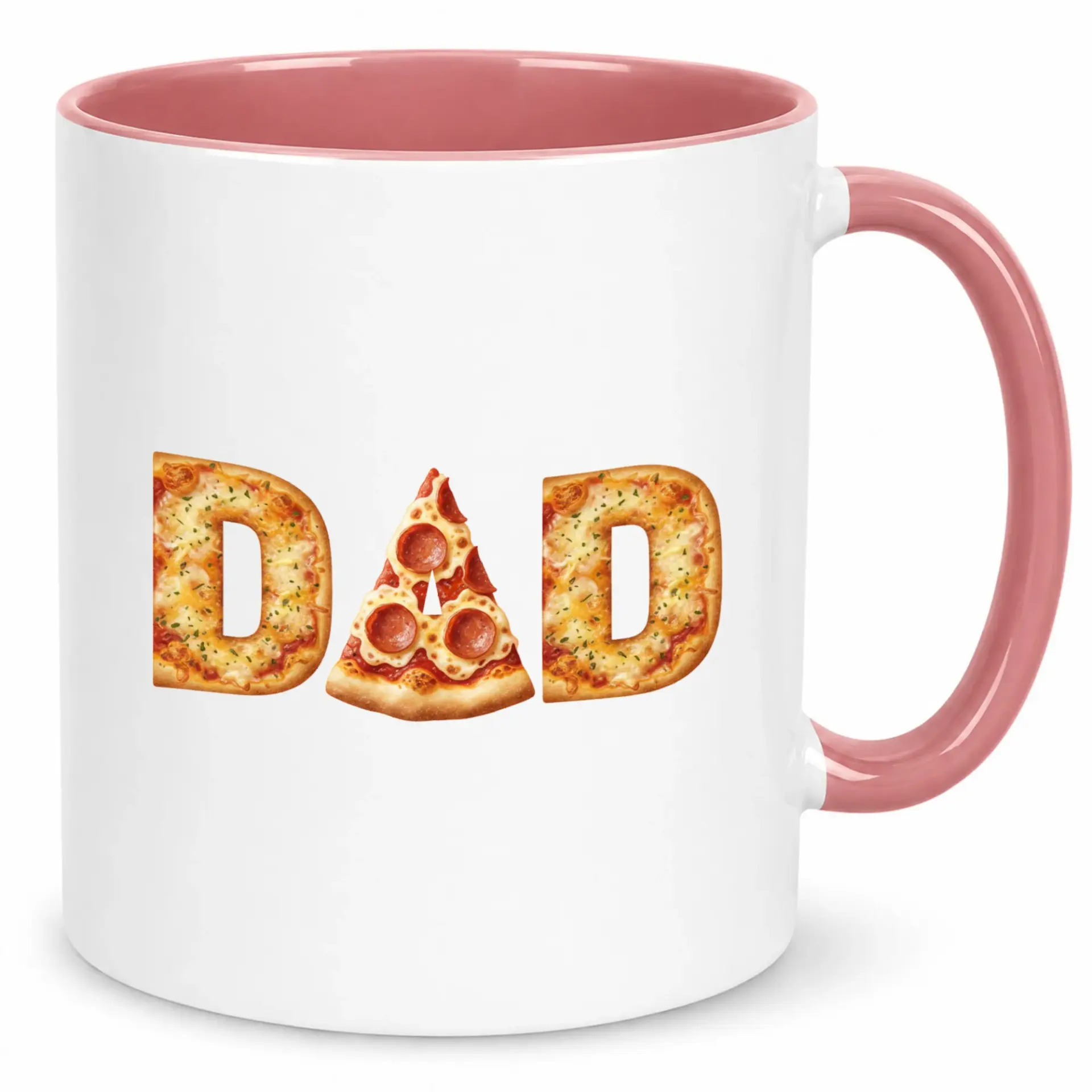 Funny Coffee Mug for Dads Unique Pizza Slice Lettering Design Ceramic Beverage Cup Dad with Pink Handle and Interior