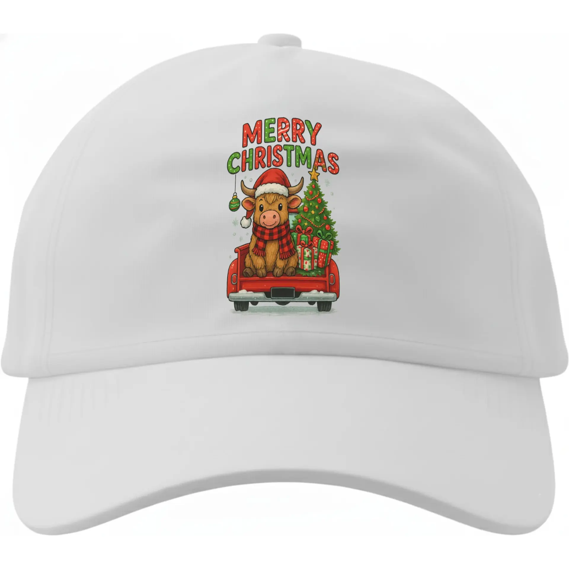 Baseball Cap Featuring a Festive Highland Cow in a Christmas Truck Design for Holiday Seasonal Casual Everyday Wear