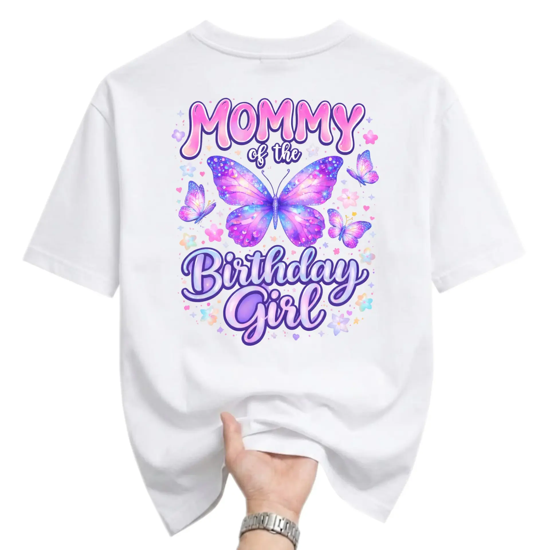 T-shirt Mommy of the Birthday Girl Graphic Tee Purple Butterfly Print Casual Crew Neck Cotton Blend Summer Top