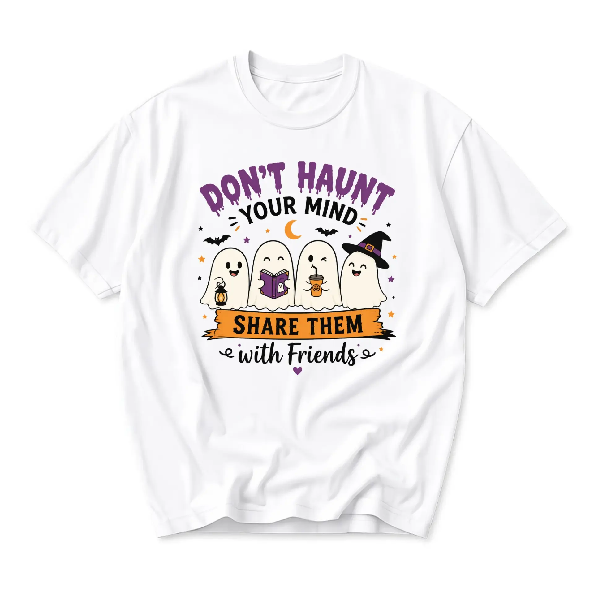 Graphic Tee Don't Haunt Your Mind Cute Ghosts Illustration Unisex Crew Neck Short Sleeve Casual Cotton Blend Shirt