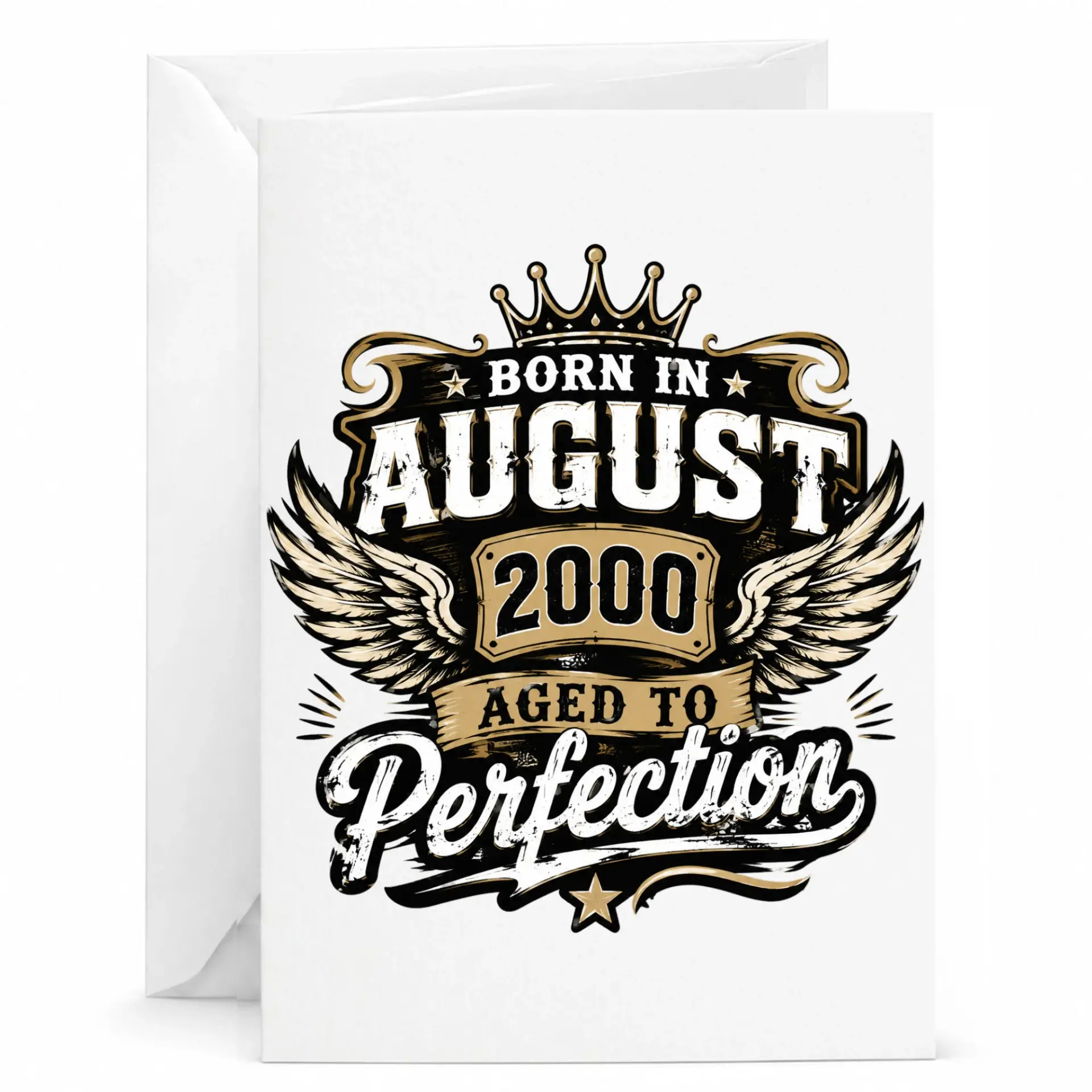 Birthday Card Born in August 2000 Aged to Perfection Vintage Crown Wing Design Premium Stationery Greeting Card