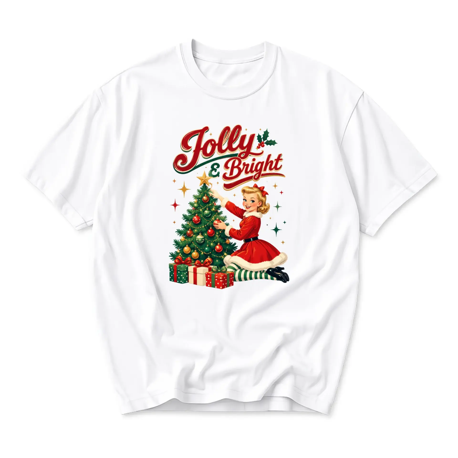 Funny Shirt Jolly and Bright Christmas Tree Vintage Pinup Girl Graphic Tee Unisex Casual Short Sleeve Crewneck Top