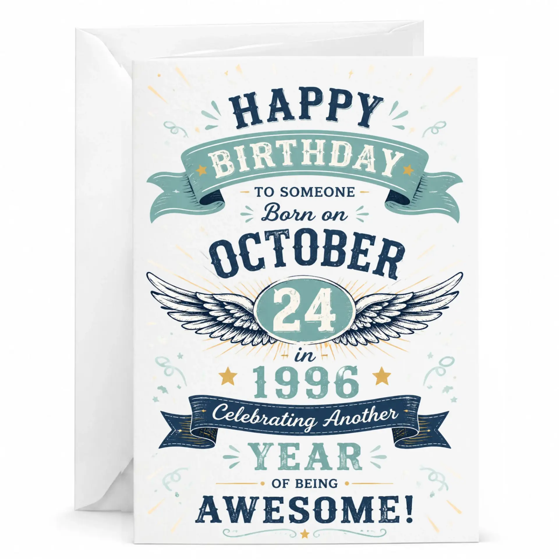 Birthday Card for October 24 1996 Birth Date Vintage Style Greeting Card with White Envelope for Milestone Celebration