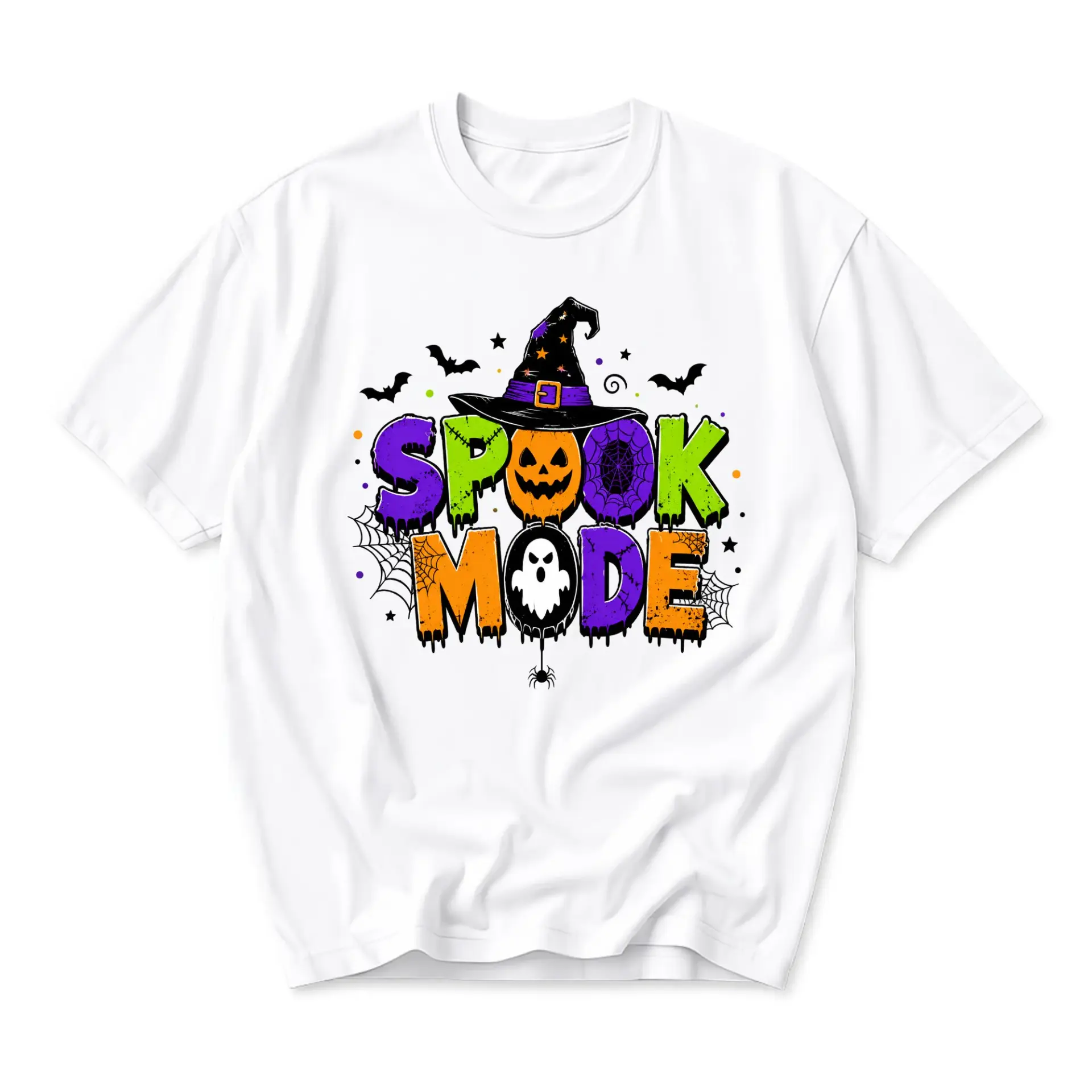 Funny Shirt Spook Mode Halloween Witch Hat Graphic Tee Seasonal Holiday Unisex Crew Neck Casual Cotton Blend Top