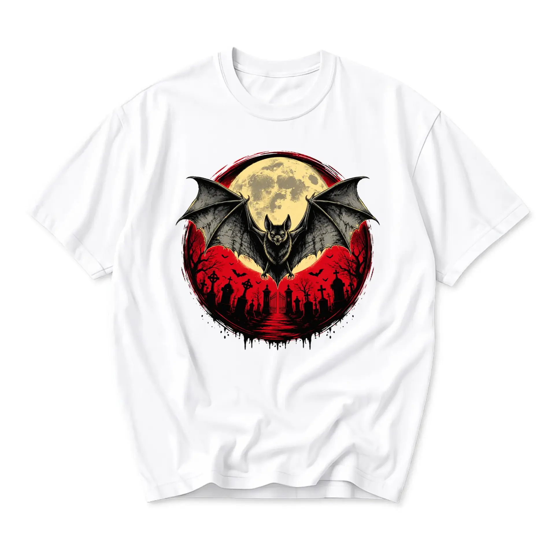 Graphic Tee Bat Cemetery Moon Design Unisex Crew Neck T-Shirt Comfortable Cotton Blend Apparel for Everyday Wear