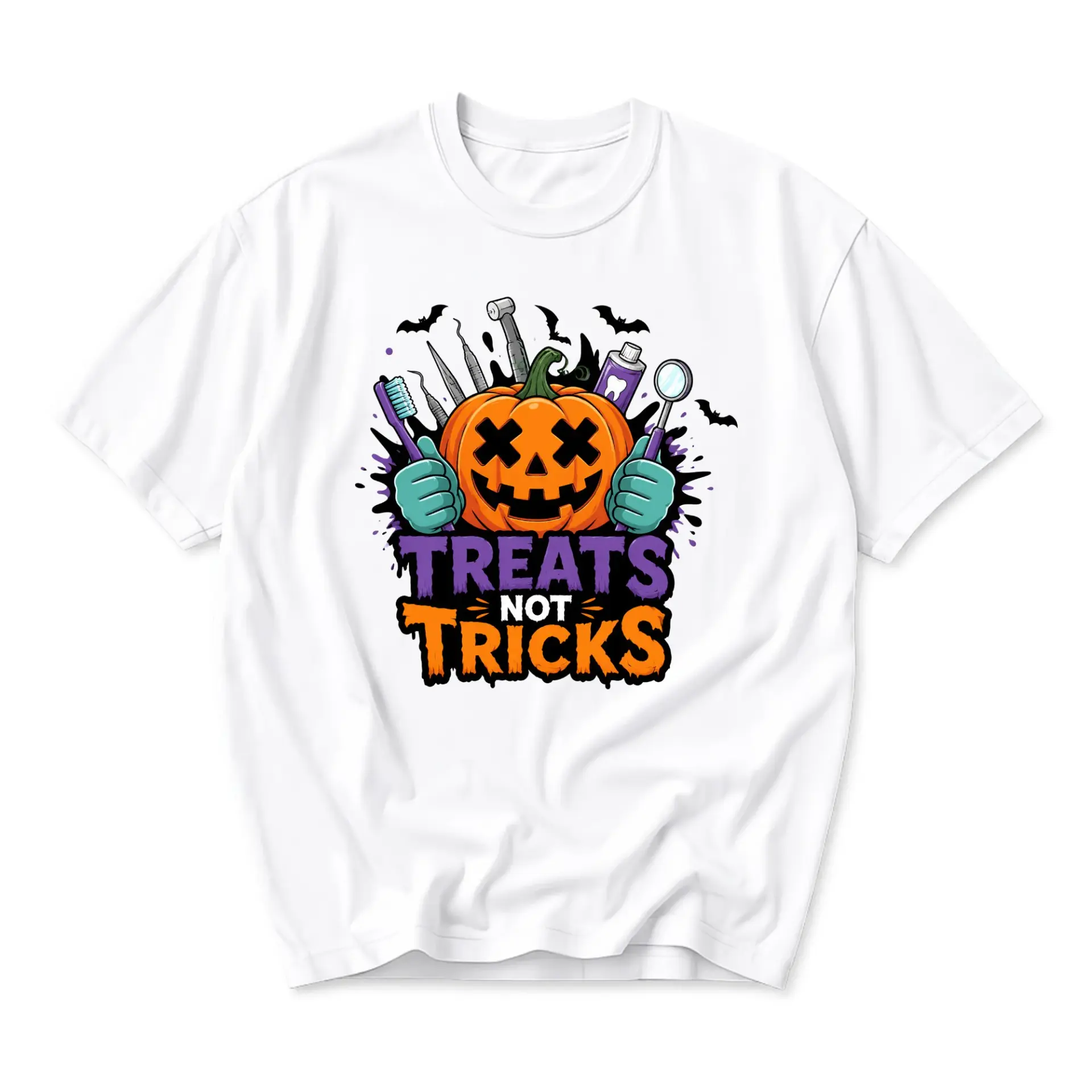 Graphic Tee Treats Not Tricks Pumpkin Dentist Theme Unisex Crew Neck Short Sleeve Casual Cotton Blend Shirt