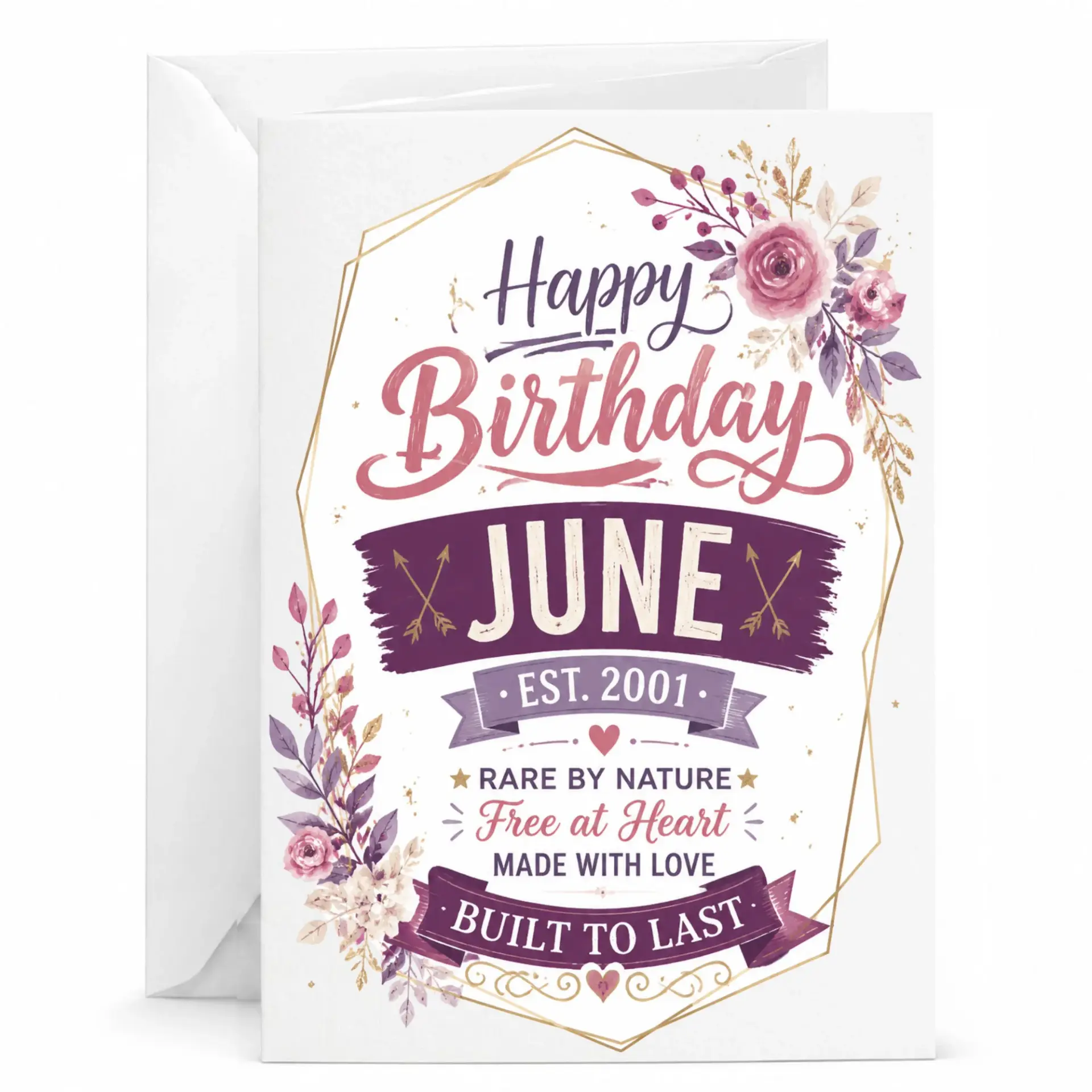 Birthday Card for June 2001 Birth Year Floral Decorative Greeting Card with Matching White Envelope for Milestone Celebration
