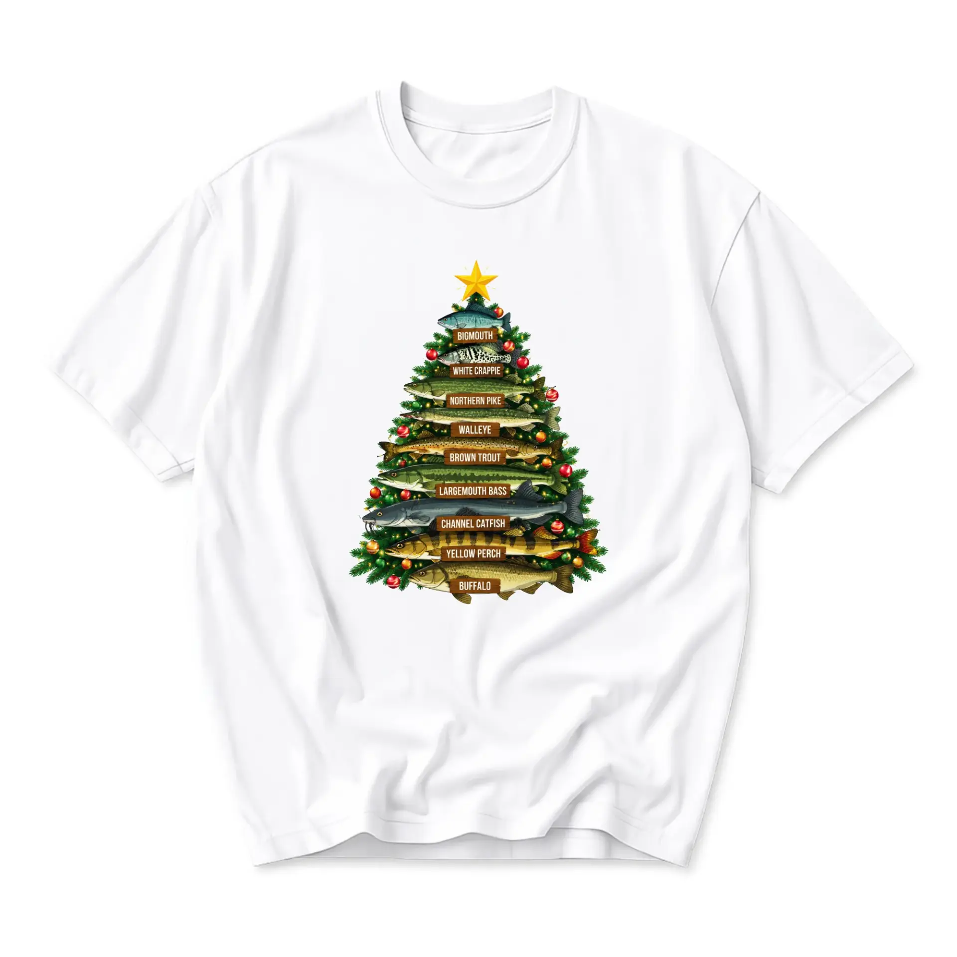 Graphic Tee Christmas Fishing Tree Shirt Fun Holiday Apparel Unisex Crew Neck Short Sleeve Casual Cotton Blend