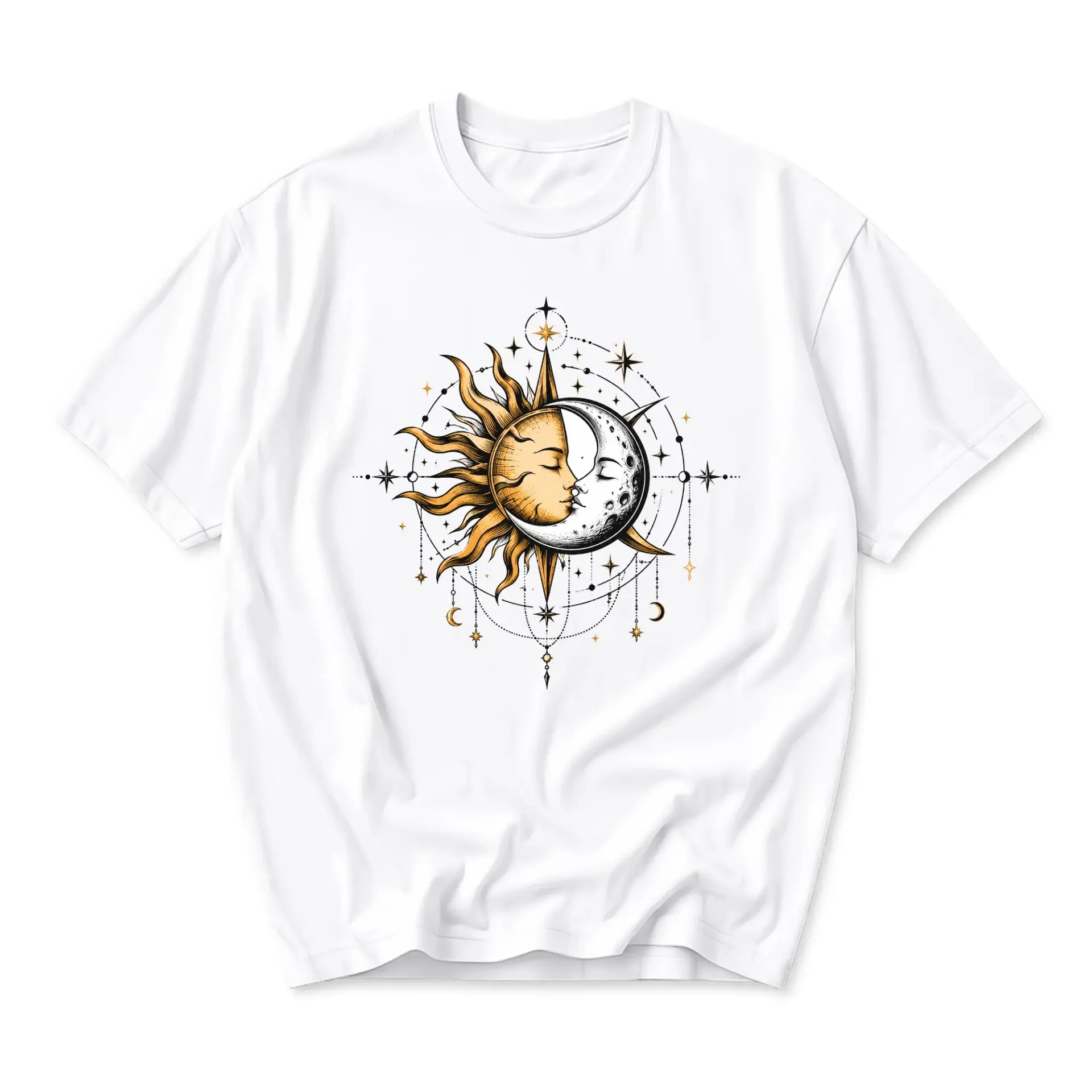 Graphic Tee Sun and Moon Celestial Art Print Unisex Crew Neck Shirt for Casual Everyday Wear and Artistic Style
