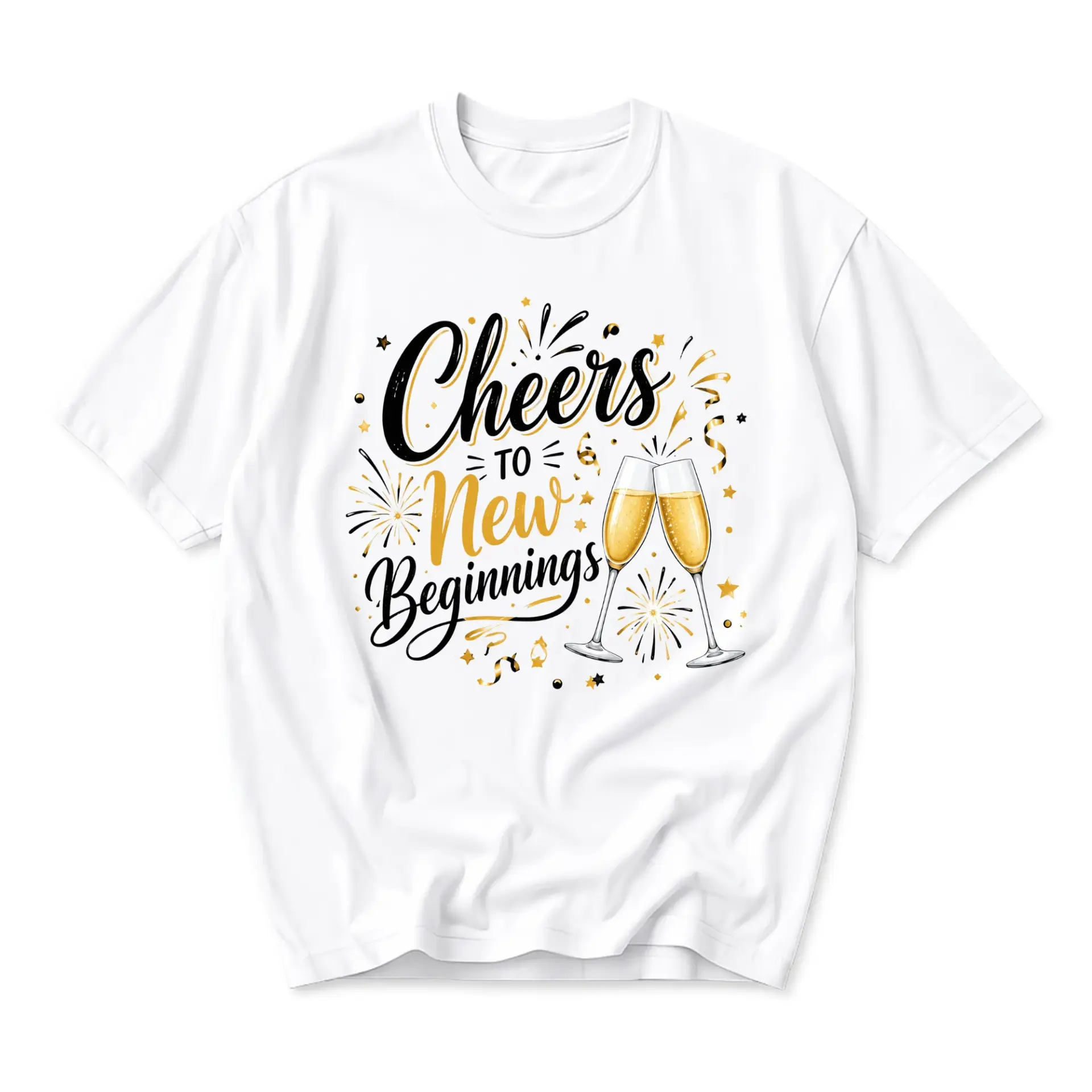 Graphic Tee Cheers to New Beginnings Celebration Shirt Party Outfit Unisex Crew Neck Short Sleeve Top Soft Cotton