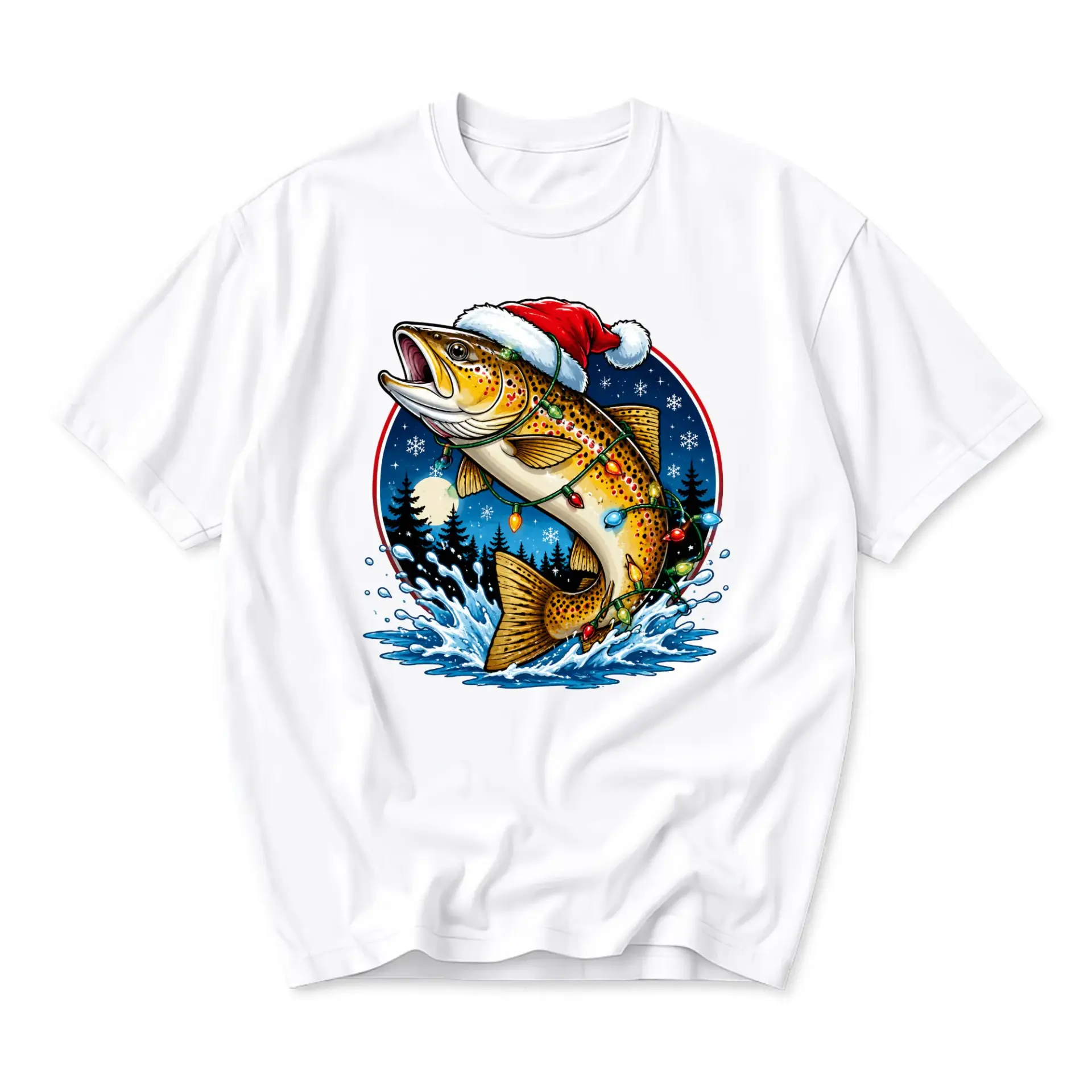 Graphic Tee Christmas Fishing Shirt Featuring a Festive Jumping Trout Wearing a Santa Hat for Holiday Apparel