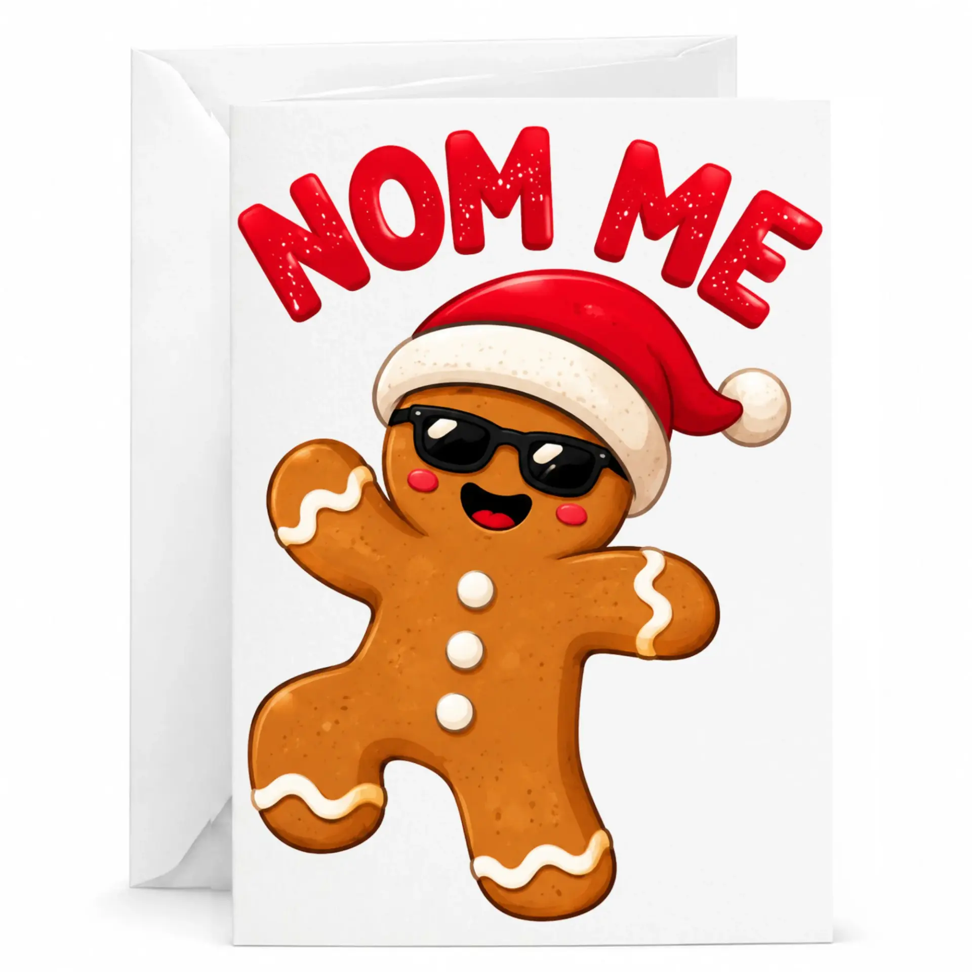 Funny Gingerbread Man Holiday Greeting Card with Santa Hat and Sunglasses for Winter Celebrations and Christmas