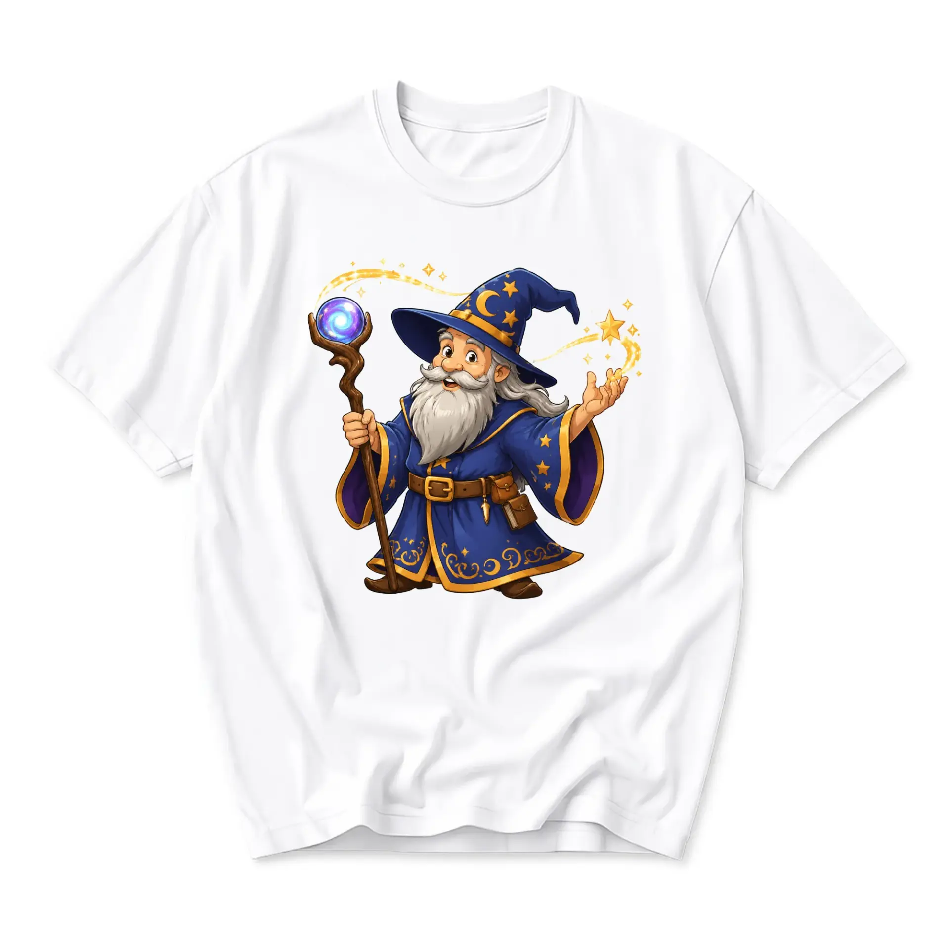 T-shirt Graphic Tee Featuring an Illustrated Cartoon Wizard with Magic Staff and Glowing Orb for Casual Daily Wear
