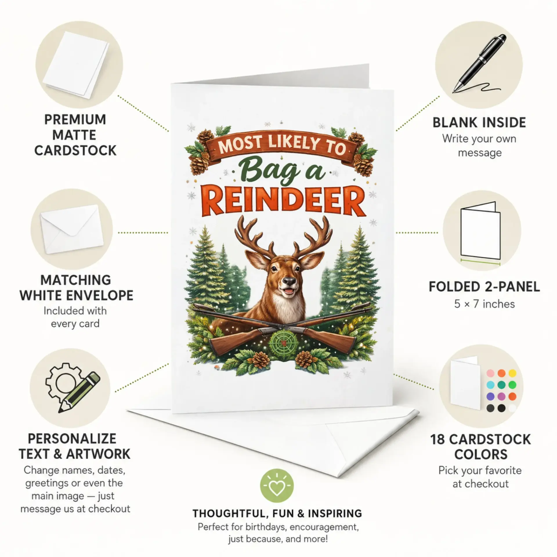 Funny Greeting Card Most Likely to Bag a Reindeer Holiday Humor Note for Hunter Outdoors Enthusiast Winter Stationery