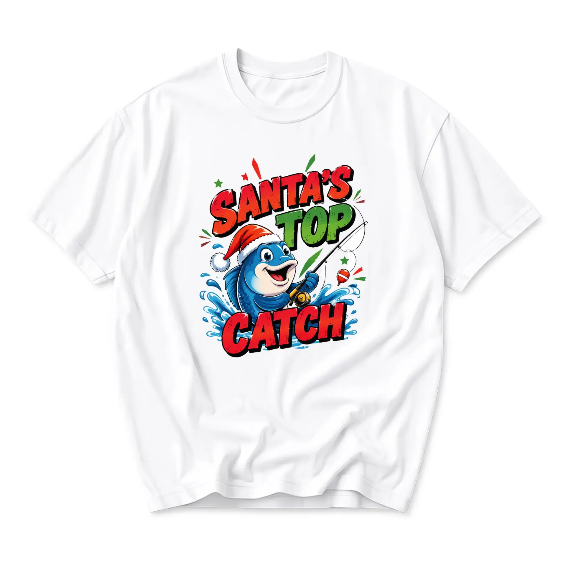 Funny Shirt Santa' Catch Graphic Tee Holiday Fishing Themed Unisex Crew Neck Casual Everyday Wear Cotton Blend