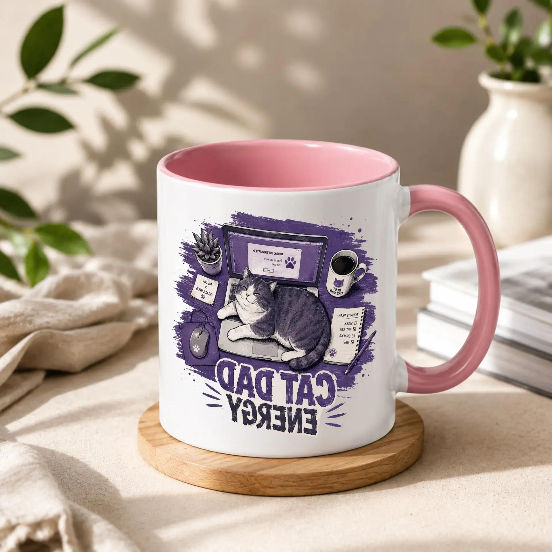 Cat Dad Energy Coffee Mug Funny Office Desk Ceramic Cup Featuring a Sleeping Pet Owner Novelty Drinkware Gift