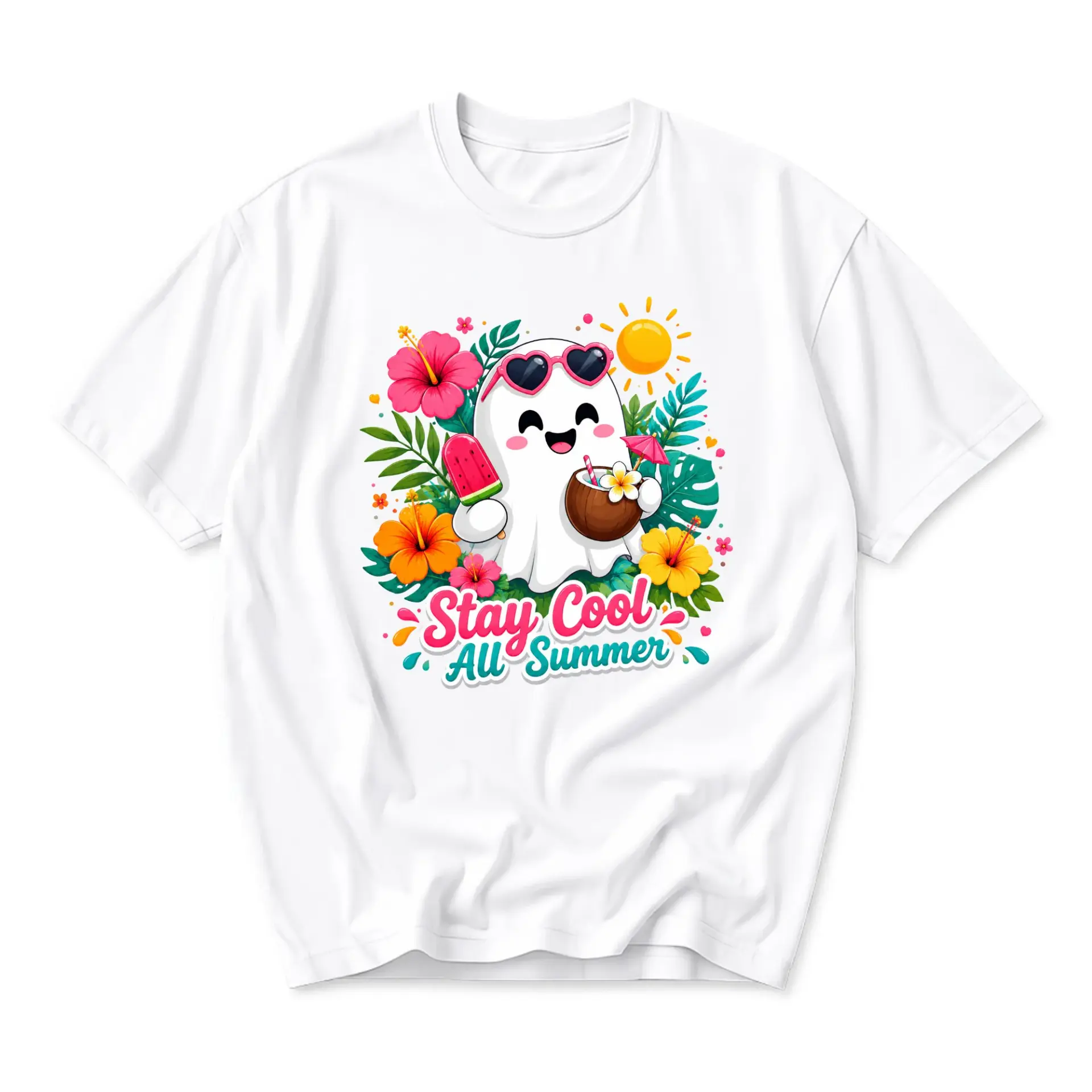 Graphic Tee Stay Cool All Summer Unisex Casual Shirt Featuring a Cute Tropical Ghost Design with Heart Sunglasses
