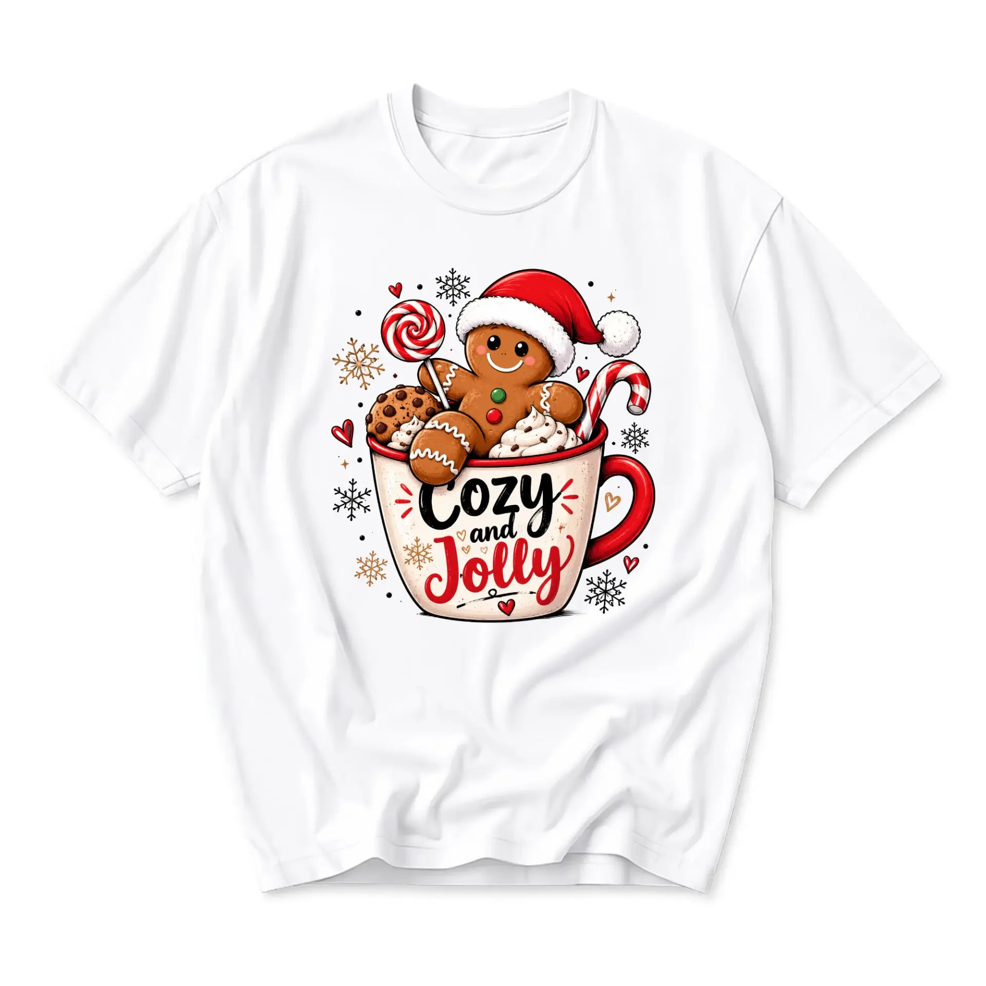 Graphic Tee Cozy and Jolly Gingerbread Man Christmas Unisex Crew Neck Short Sleeve Casual Cotton Blend T-Shirt Top