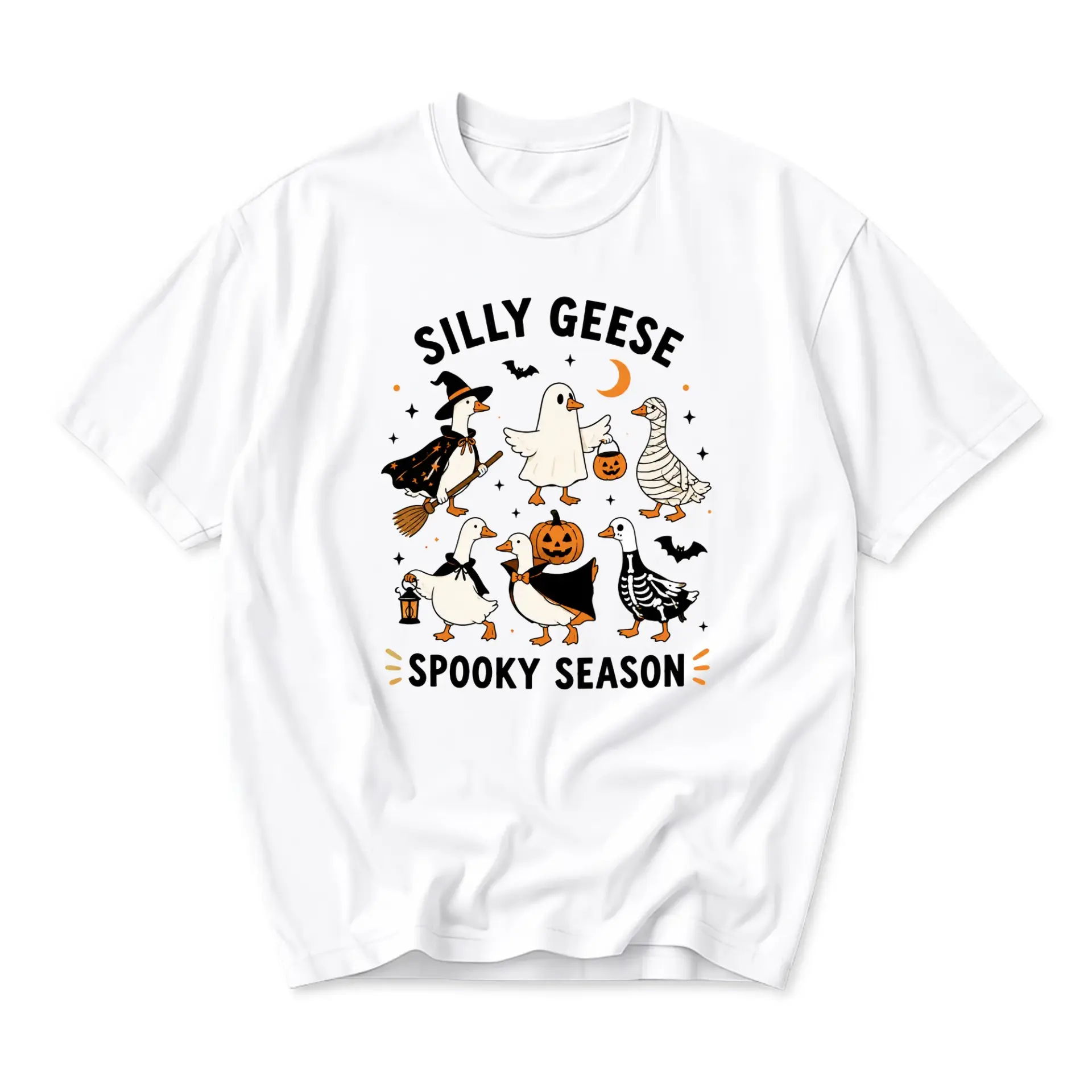 Graphic Tee Silly Geese Spooky Season Unisex T-Shirt Halloween Costume Print Short Sleeve Crew Neck Casual Top White