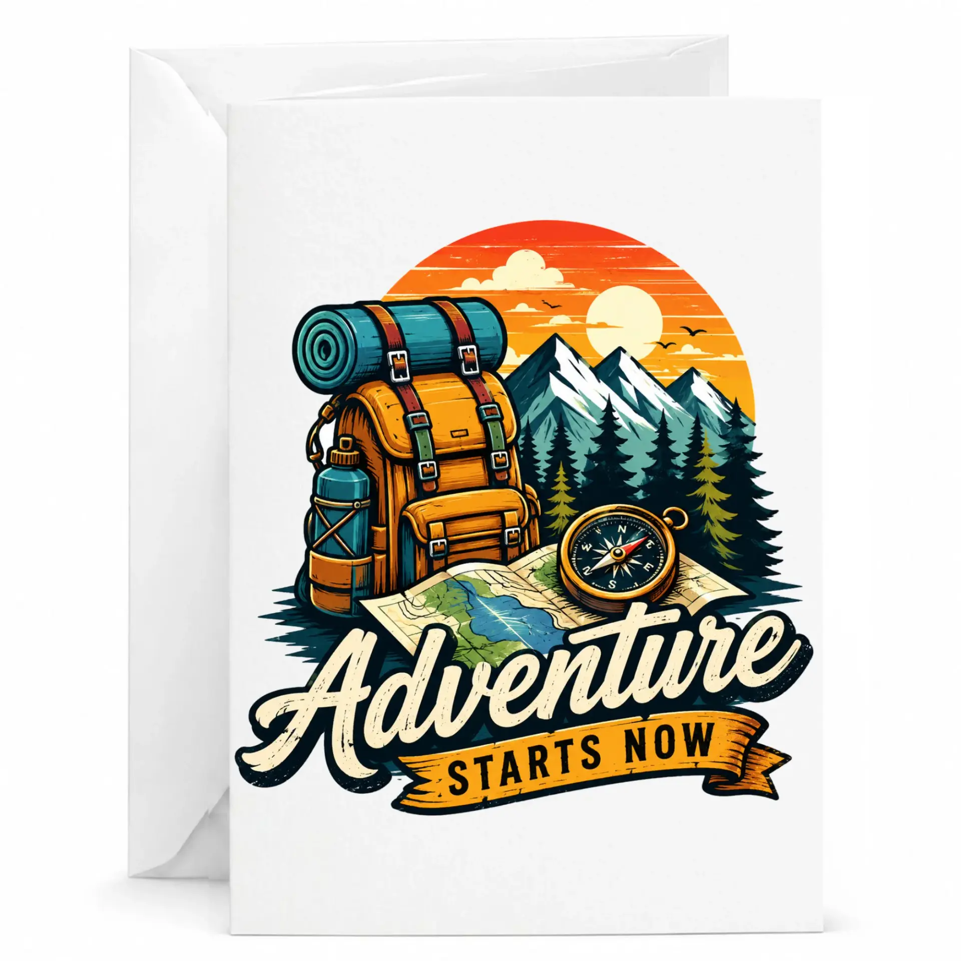 Greeting Card Adventure Starts Now Nature Travel Illustration Printed Note for Enthusiastic Hikers and Campers