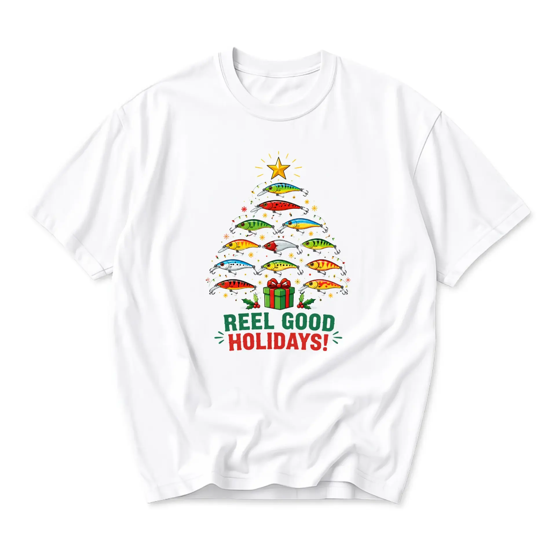 Funny Shirt Reel Good Holidays Fishing Christmas Tree Graphic Tee Unisex