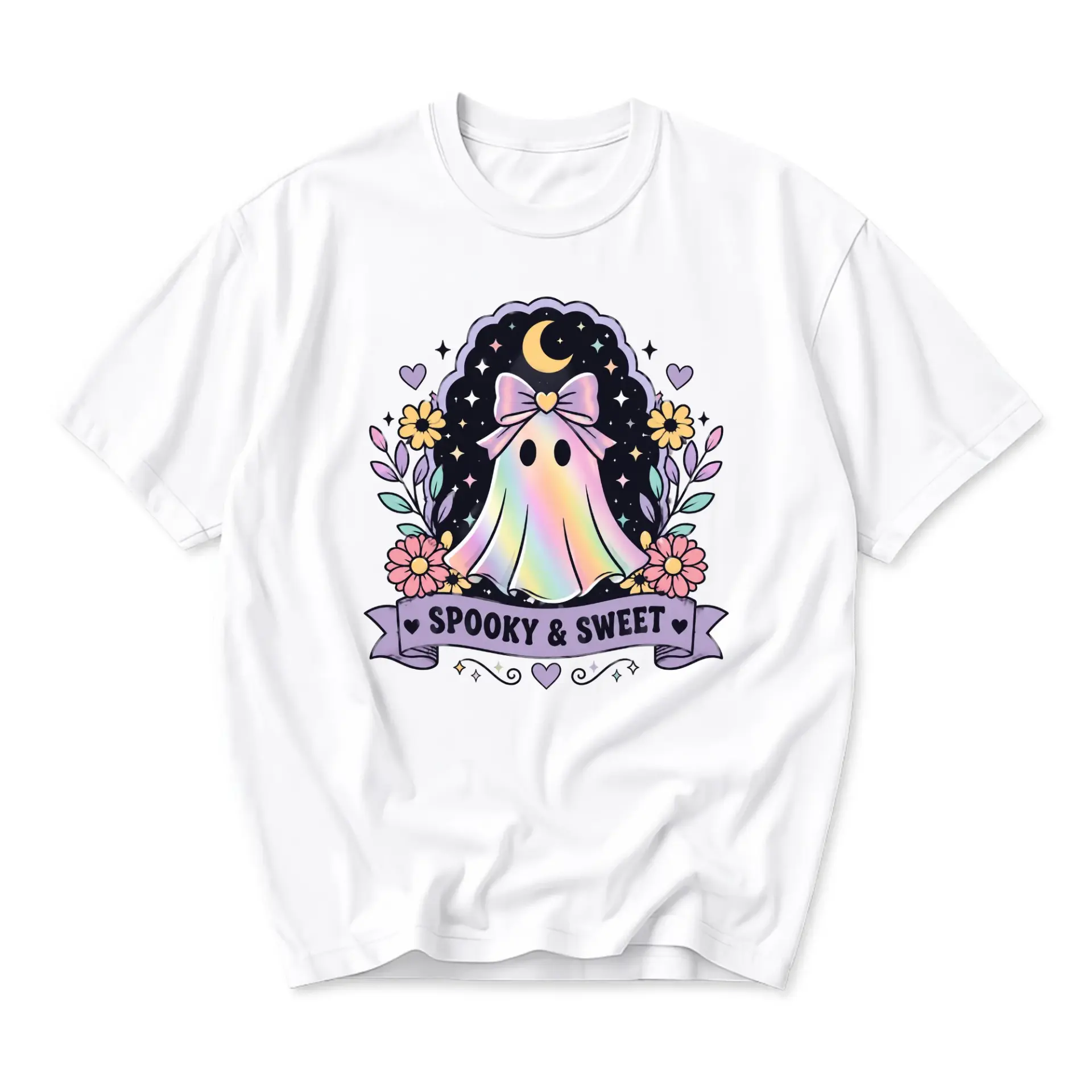 Graphic Tee Spooky and Sweet Ghost Design Unisex Casual Cotton Crew Neck Short Sleeve Top for Everyday Wear