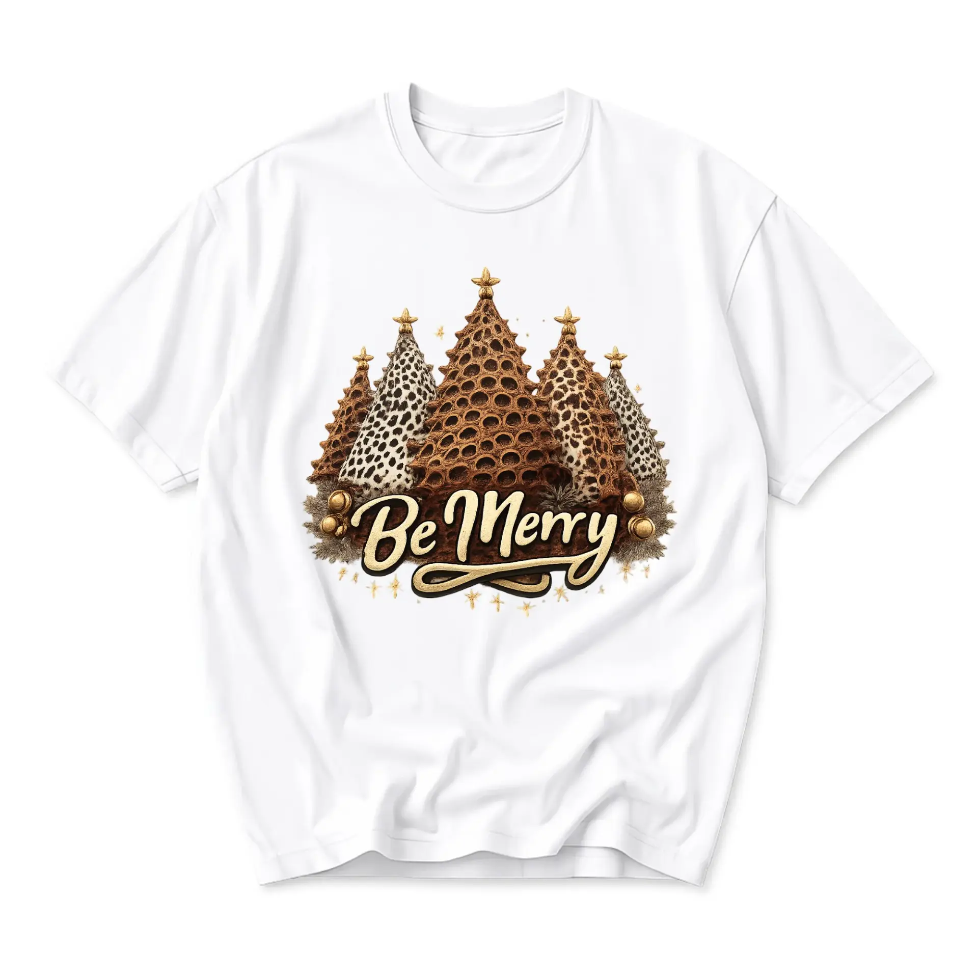 Graphic Tee Be Merry Christmas Trees Print Design Unisex Short Sleeve Crew