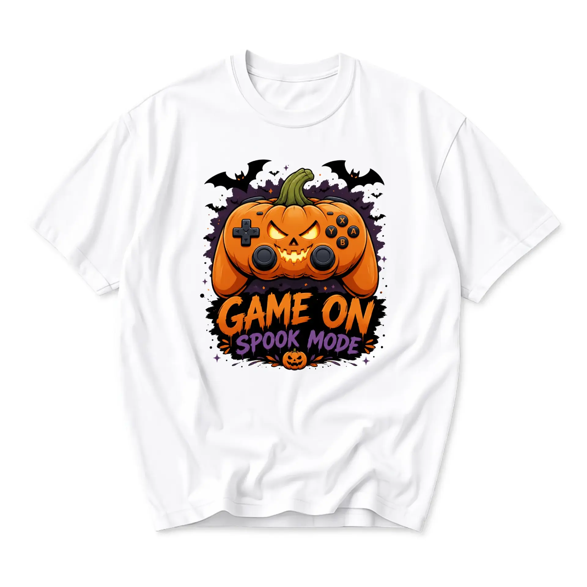 Funny Shirt Game on Spook Mode Pumpkin Controller Graphic Tee Unisex Crew Neck Casual Everyday Holiday Apparel