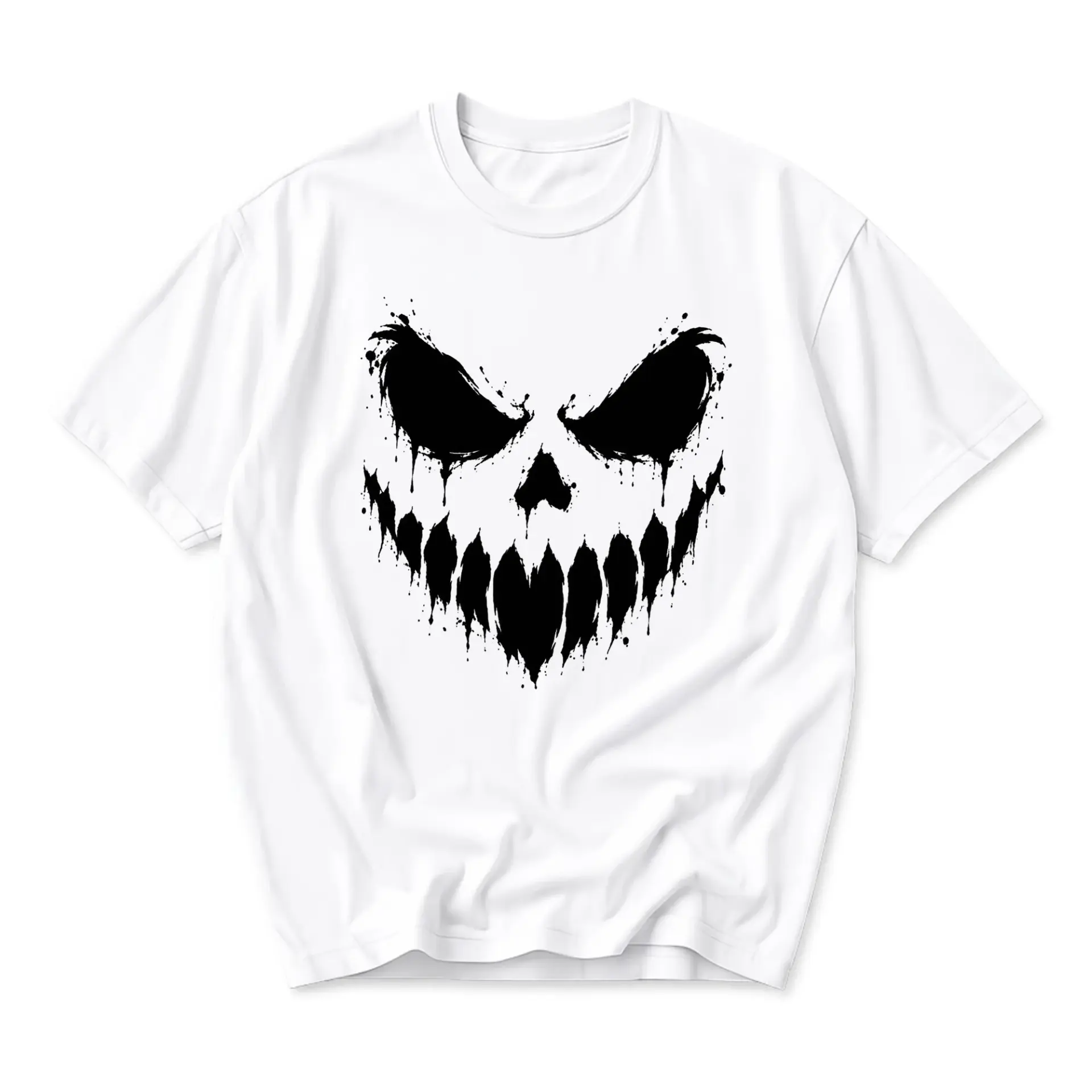 Graphic Tee Unisex Crew Neck T-Shirt Featuring a Distressed Ink Splatter Style Spooky Skull Face Artistic Graphic