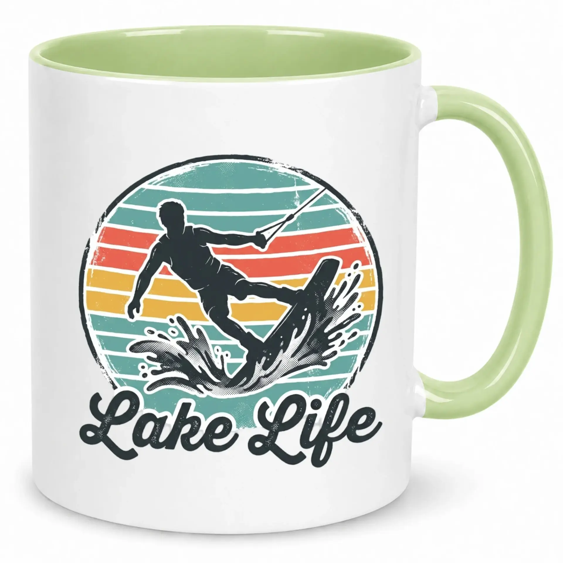 Coffee Mug with Lake Life Wakeboarding Retro Sunset Design, Premium White Ceramic Beverage Cup with Green Interior and Handle, 11oz or 15oz