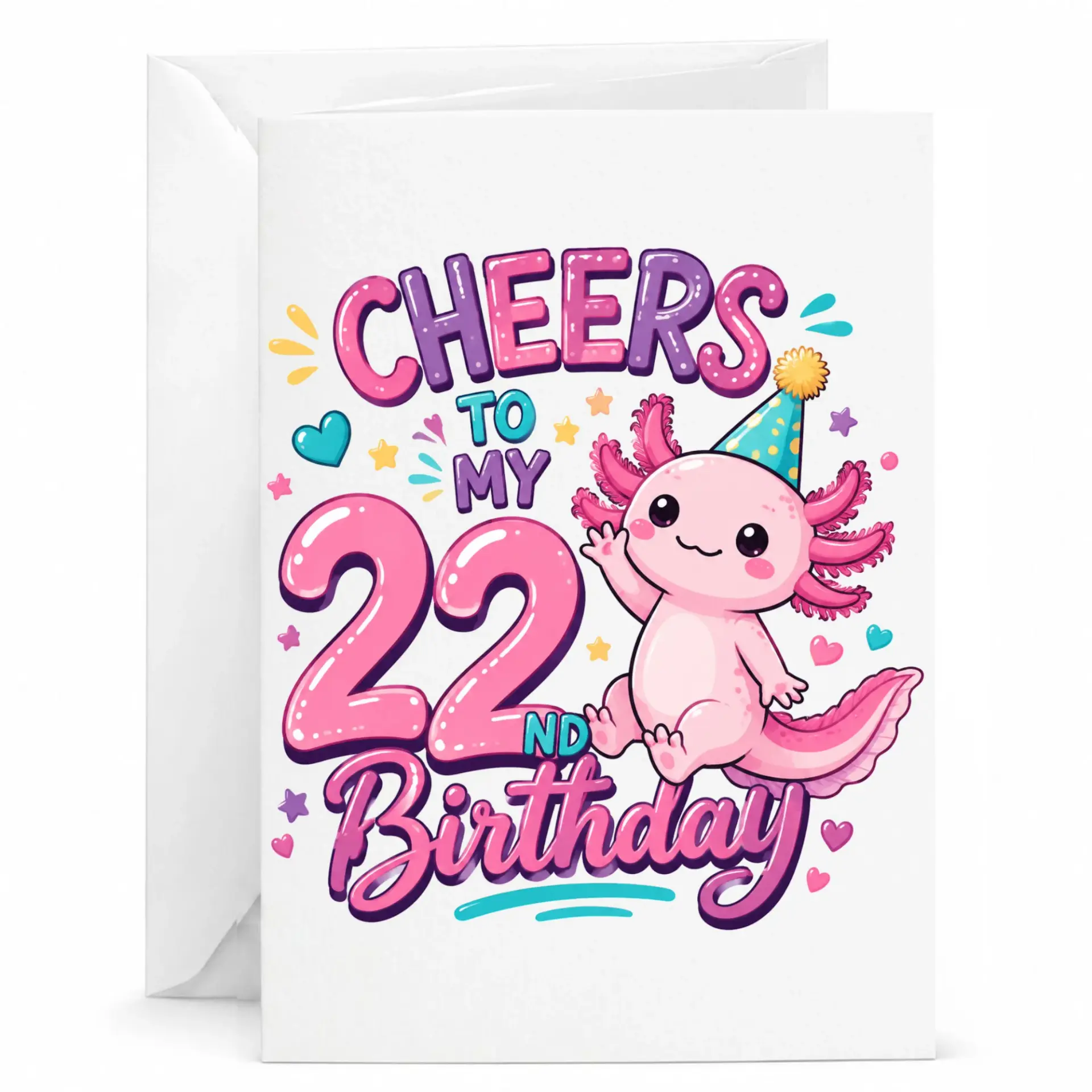 Birthday Card Funny Axolotl Celebration Graphic Featuring 22nd Birthday Design with Playful Pink Character Art