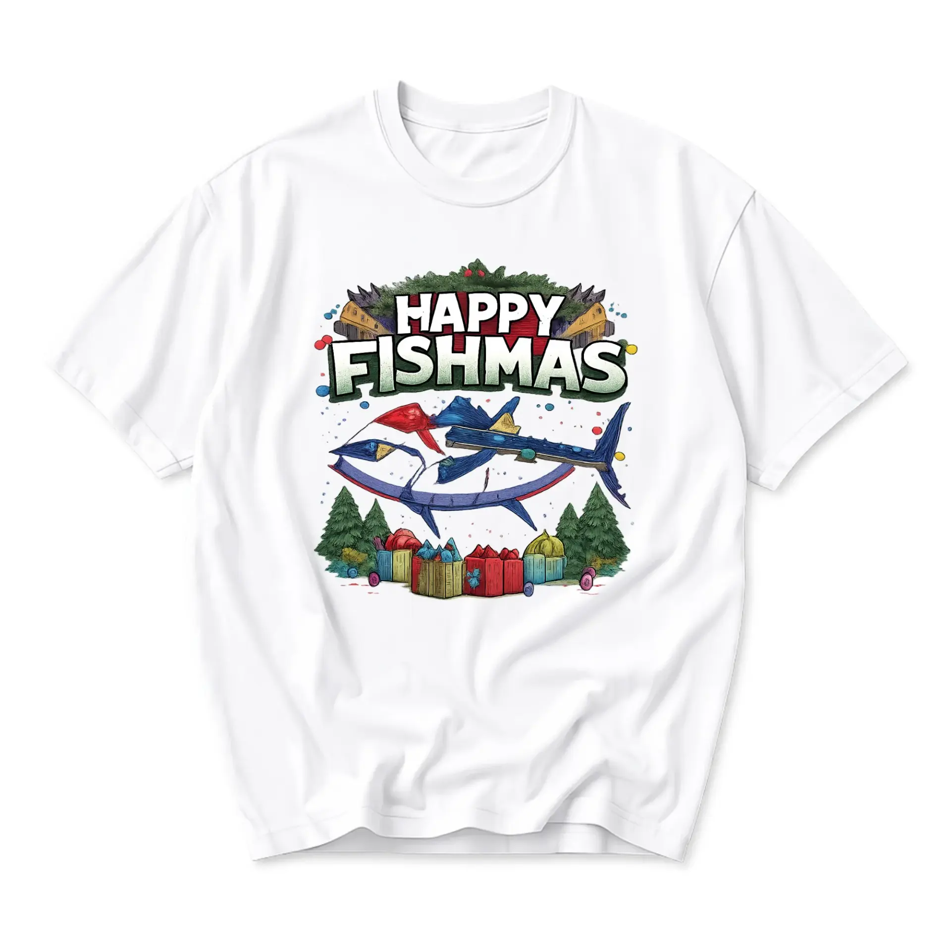 Funny Shirt Happy Fishmas Graphic Tee Holiday Fishing Enthusiast Unisex Crew Neck Soft Cotton Casual Apparel White