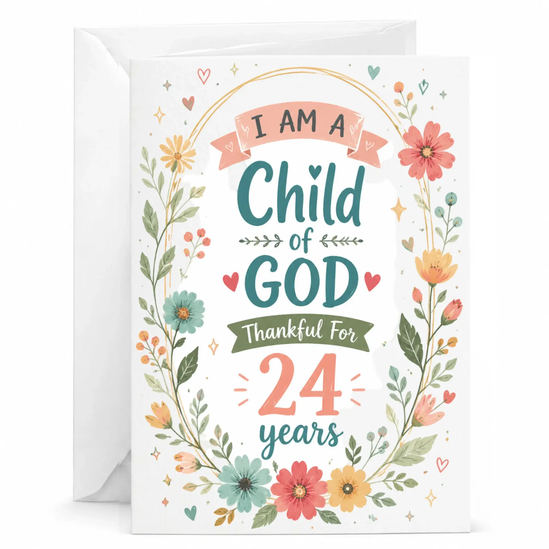Greeting Card I Am a Child of God Thankful for 24 Years Floral Design Anniversary Birthday Encouragement Card