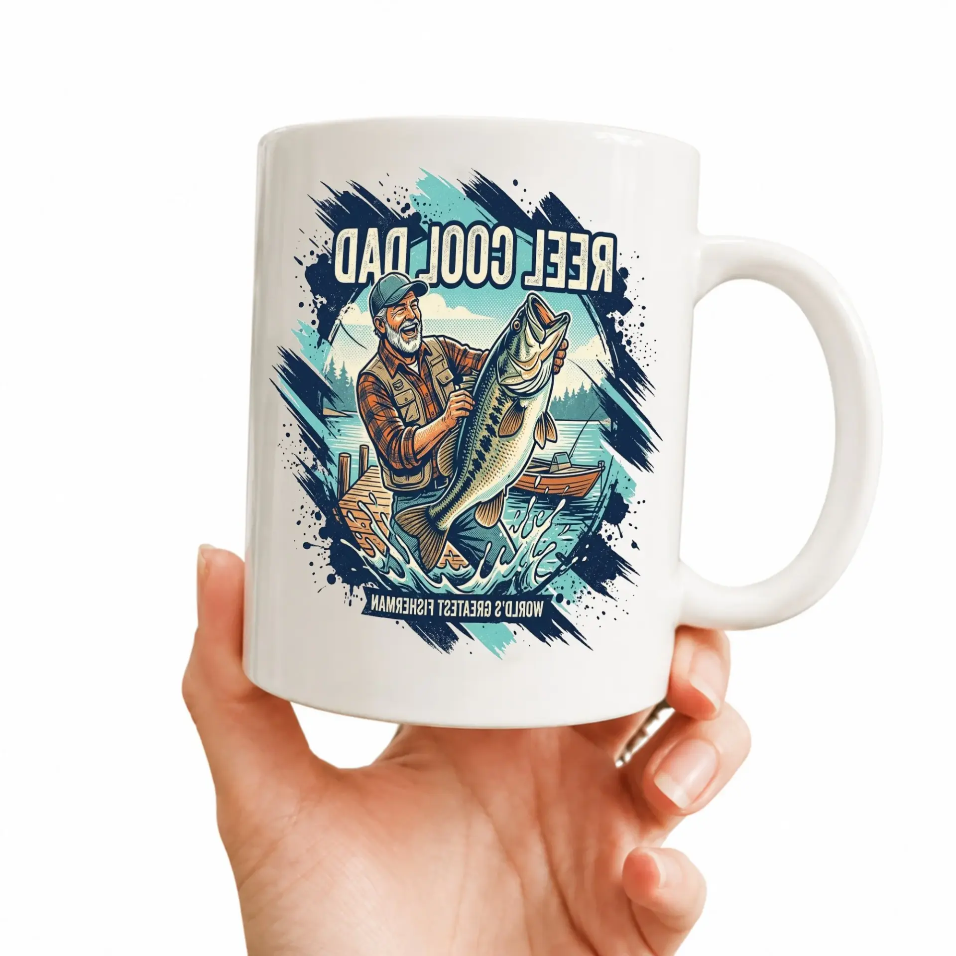 Reel Cool Dad Ceramic Coffee Mug Featuring a Fisherman Holding a Large Design with Vibrant Blue Handle and Rim