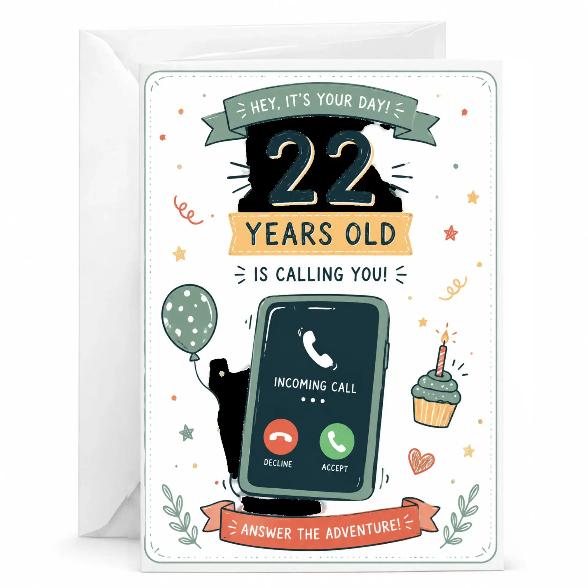 Birthday Card 22 Years Old Is Calling You Funny Greeting Card for Milestone Birthday Celebration with White Envelope