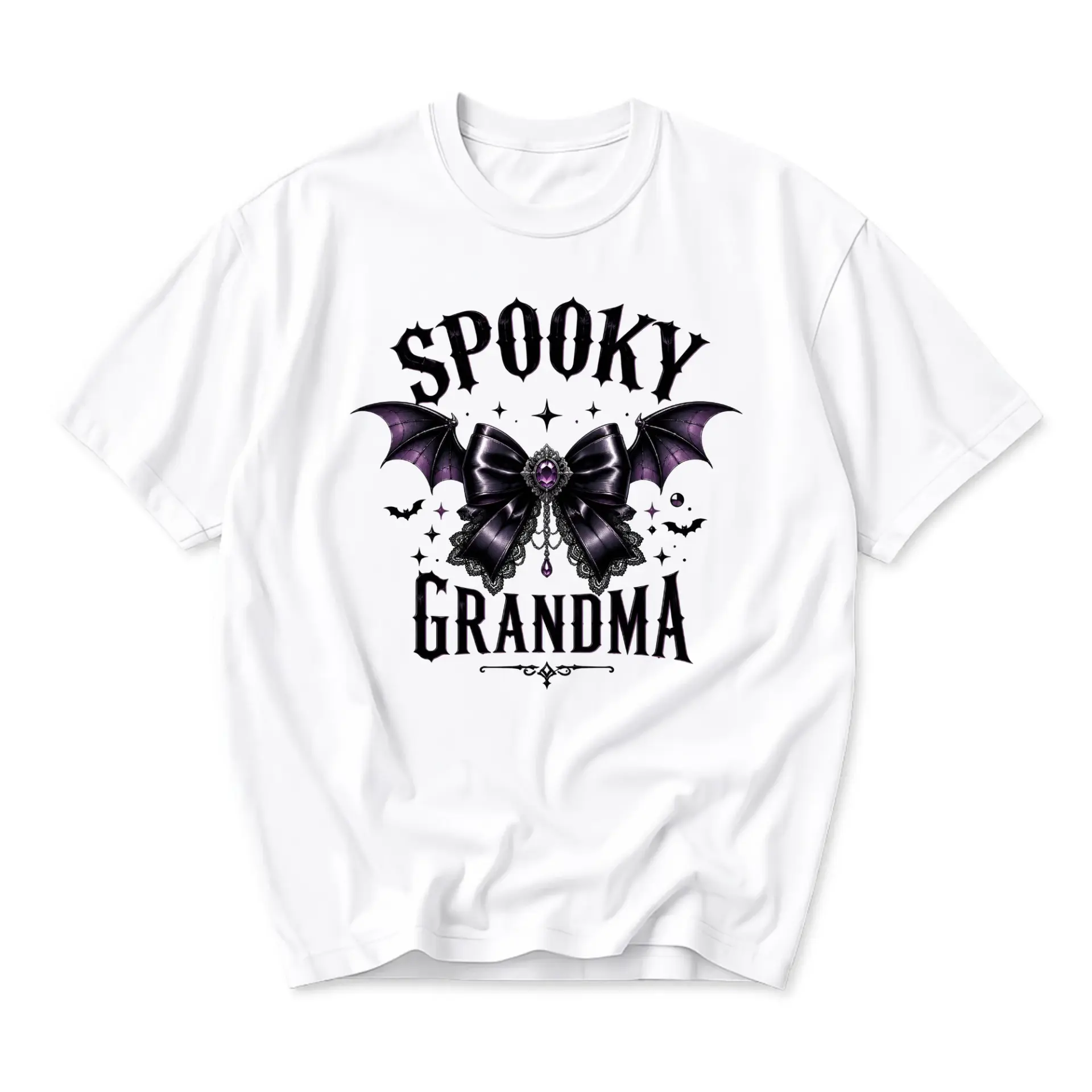 Graphic Tee Spooky Grandma Shirt Gothic Bow Bat Wing Halloween Unisex Crew Neck Casual Cotton Blend Apparel