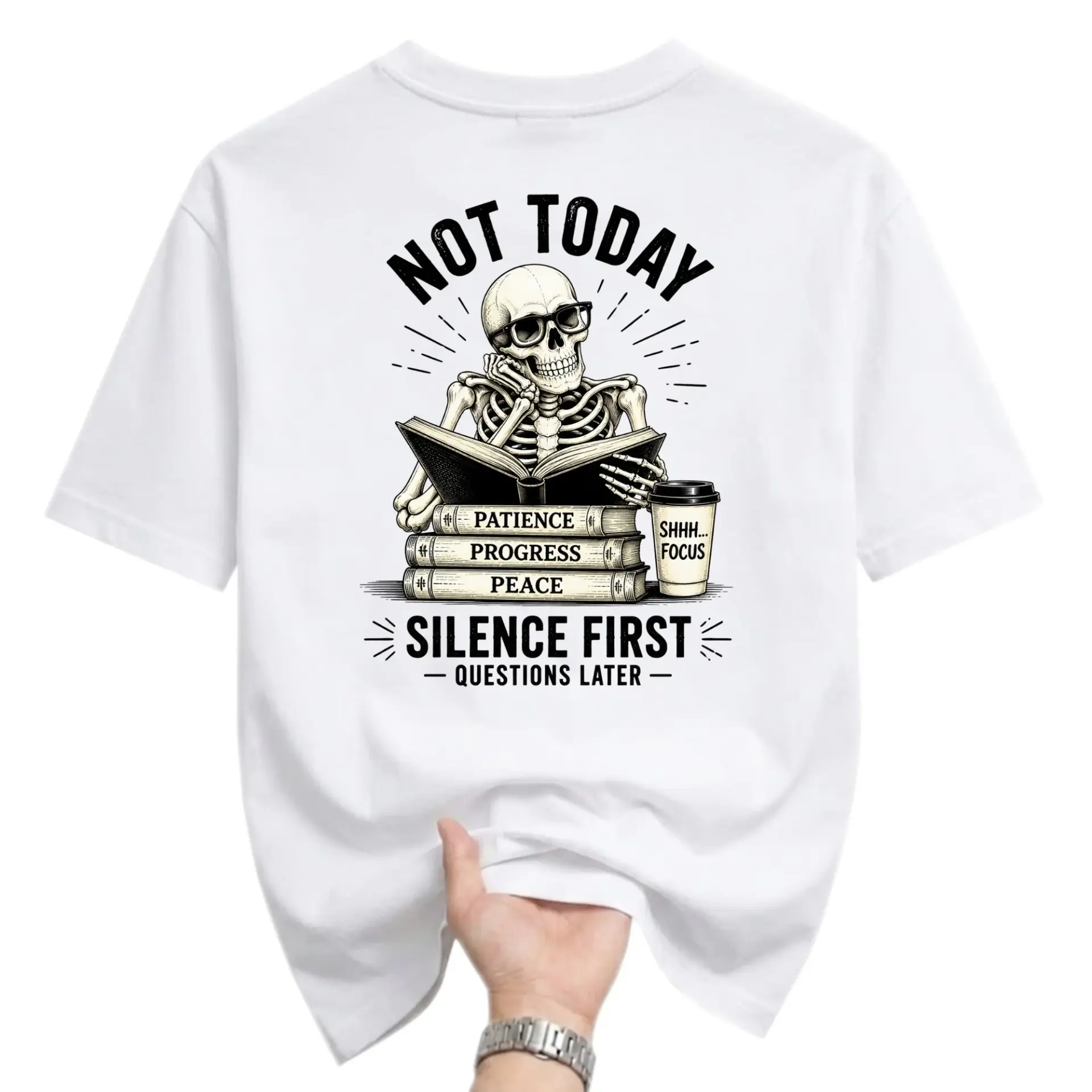 Graphic Tee Not Today Skull Reading Books Funny Sarcastic Quote Unisex Short Sleeve Cotton Crew Neck Shirt