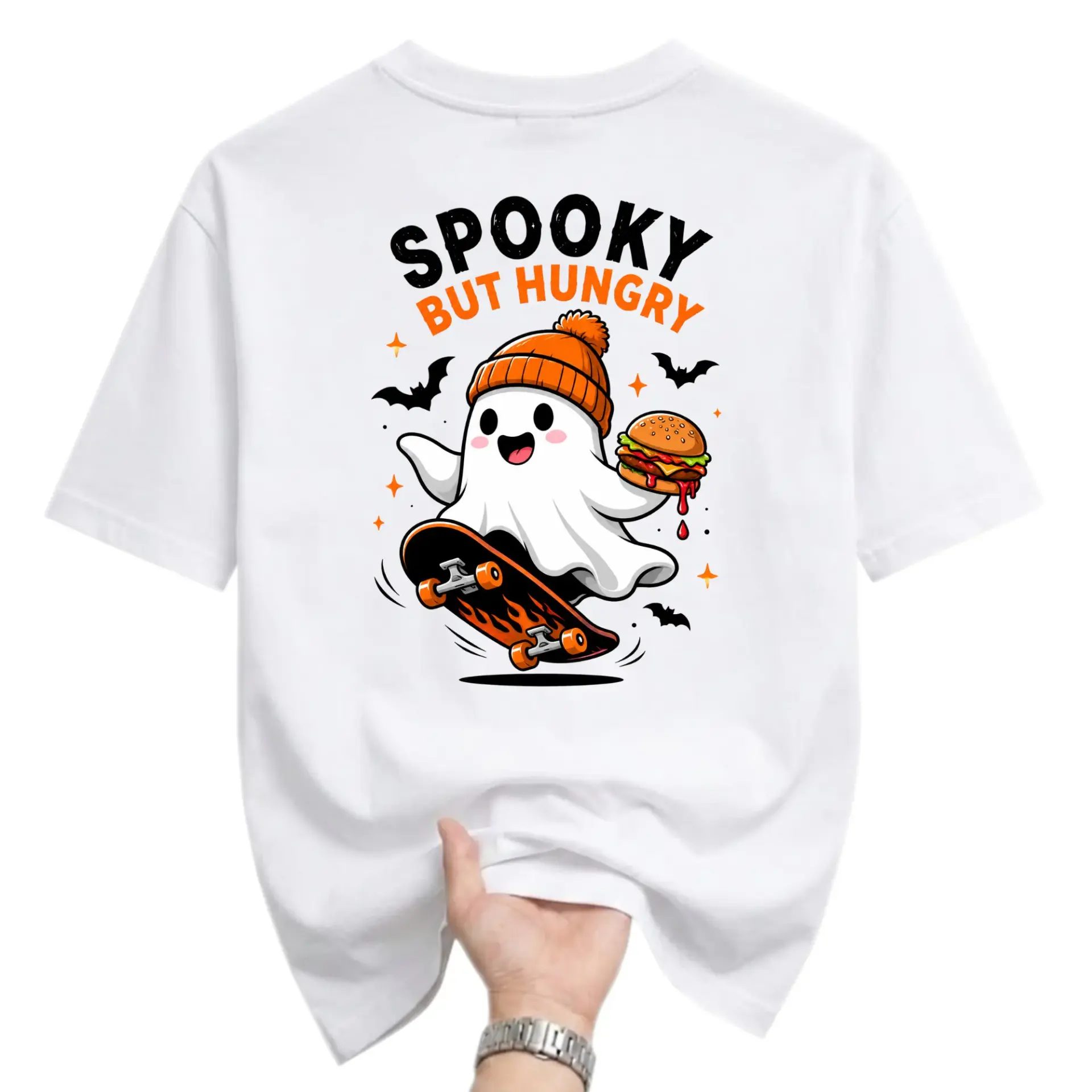 Graphic Tee Spooky but Hungry Ghost Skateboard Burger Design Unisex Crew Neck Casual Cotton Blend Short Sleeve Shirt