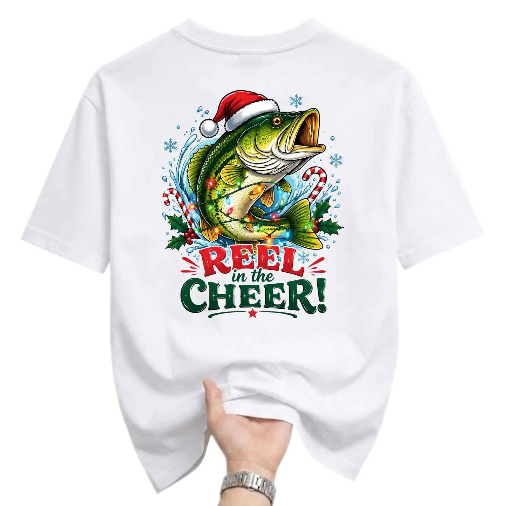 Funny Shirt Reel in the Cheer Graphic Tee Christmas Fishing Theme Unisex Casual Short Sleeve Crew Neck Cotton Top