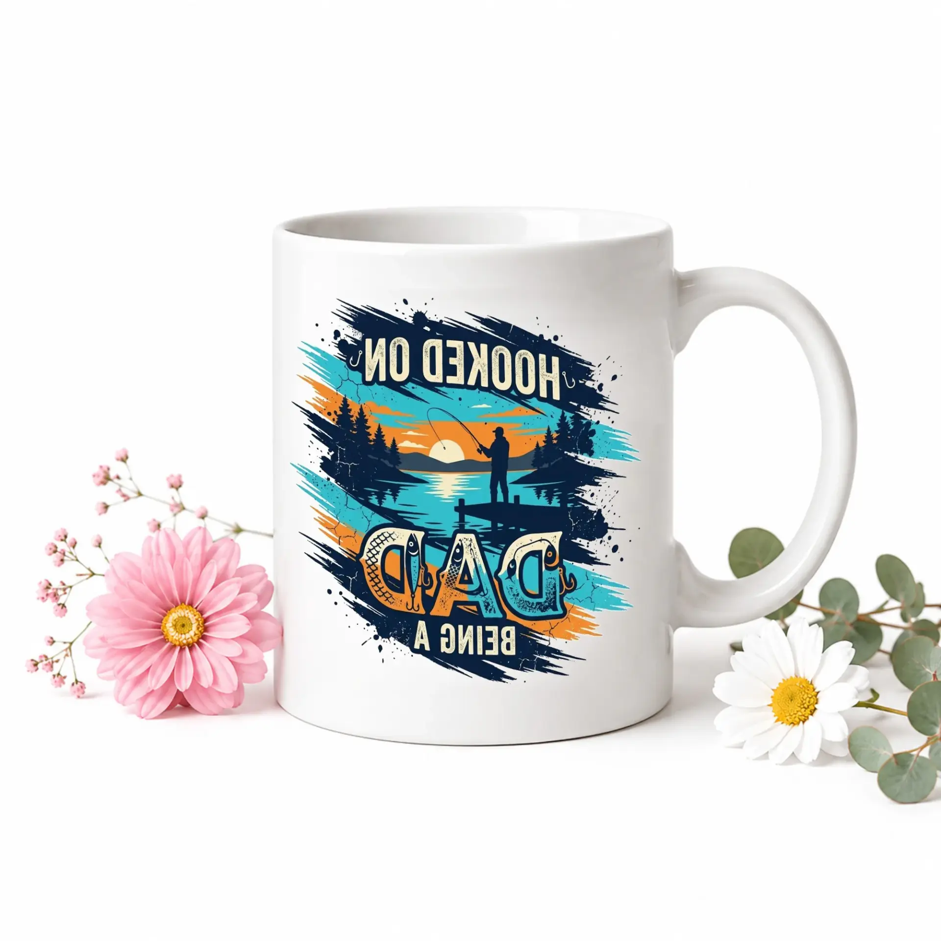 Funny Fishing Themed Coffee Mug for Dad Fisherman Gift Ceramic Cup with Blue Handle and Rim 11 Ounce Drinkware