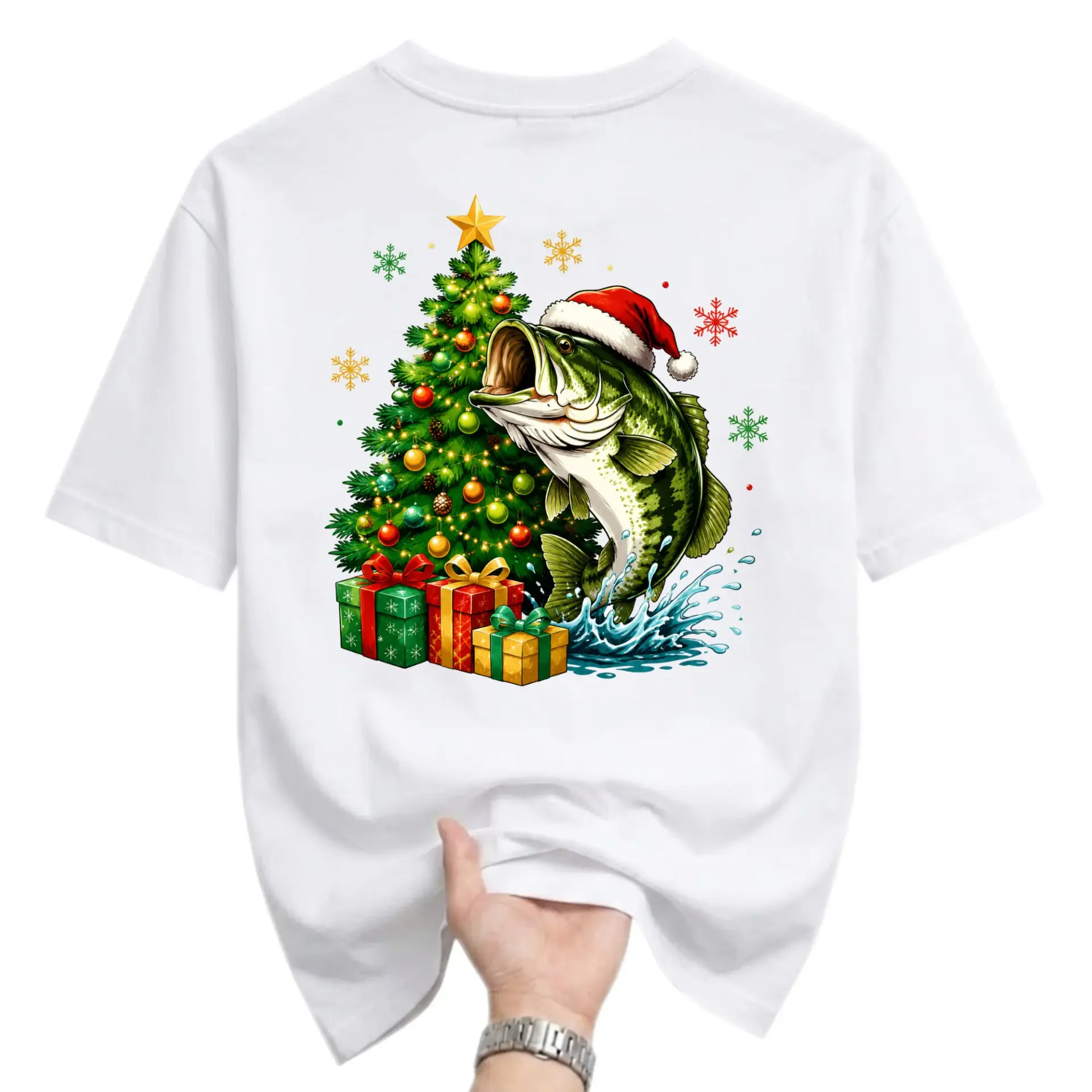 Funny Shirt Christmas Fishing Graphic Tee Seasonal Holiday Theme Unisex Crew Neck Casual Cotton Top