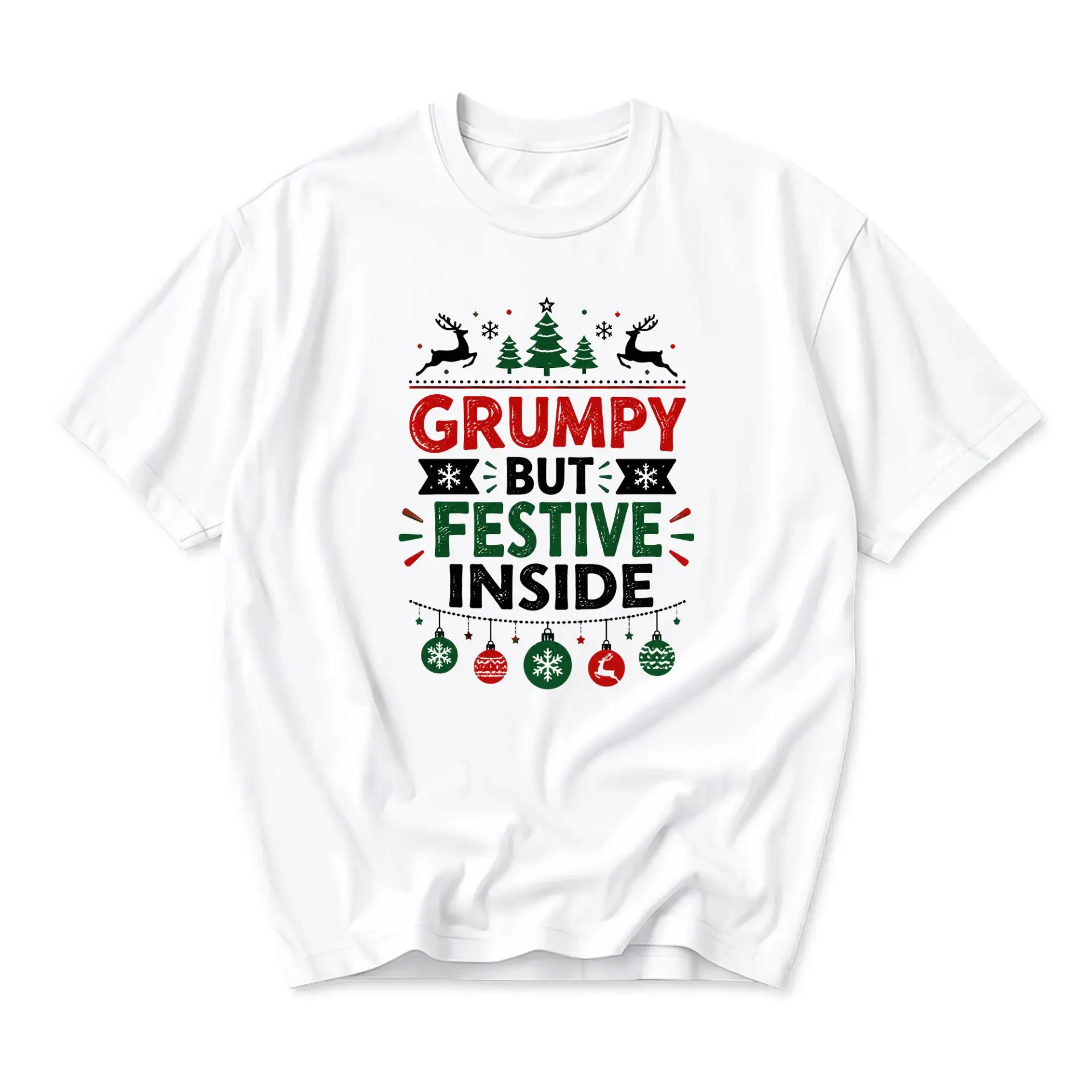 Funny Shirt Grumpy but Festive Inside Graphic Tee Unisex Holiday Season Humor Quote Print Crew Neck Casual Soft Cotton