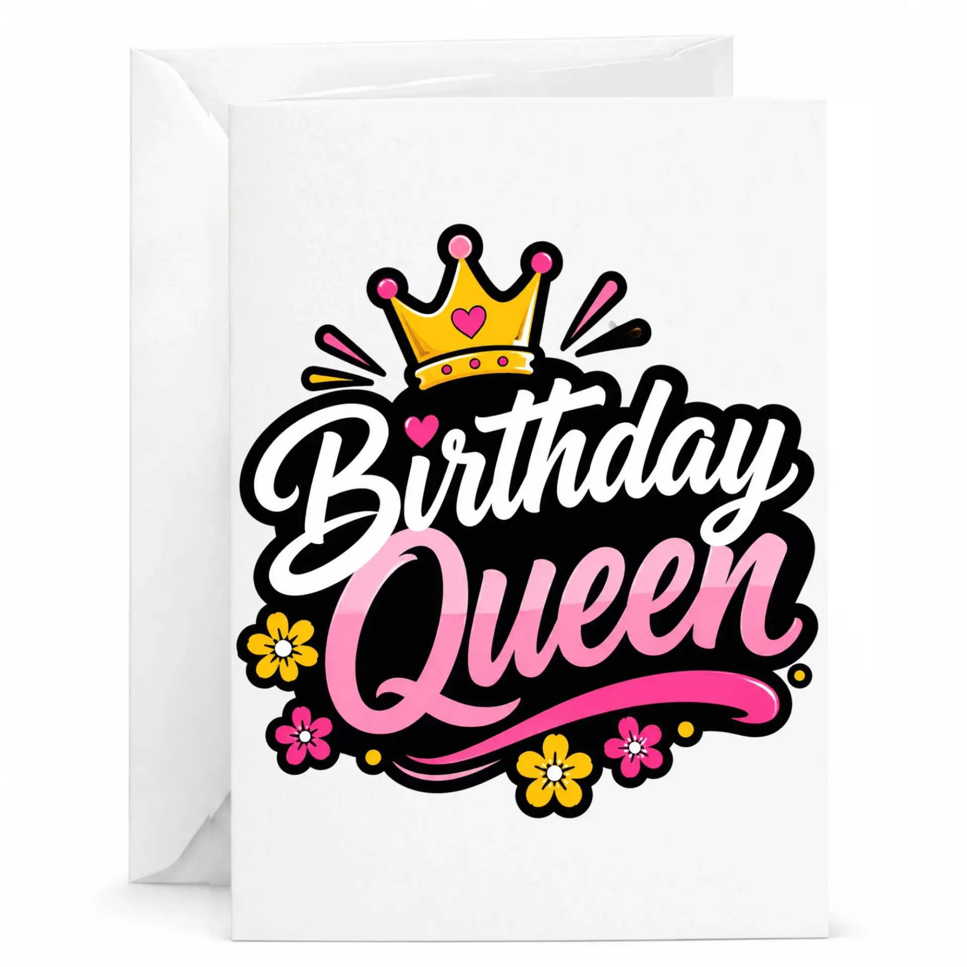 Birthday Queen Greeting Card for Her, Royal Crown and Floral Illustration Design, Premium Folded Note Card
