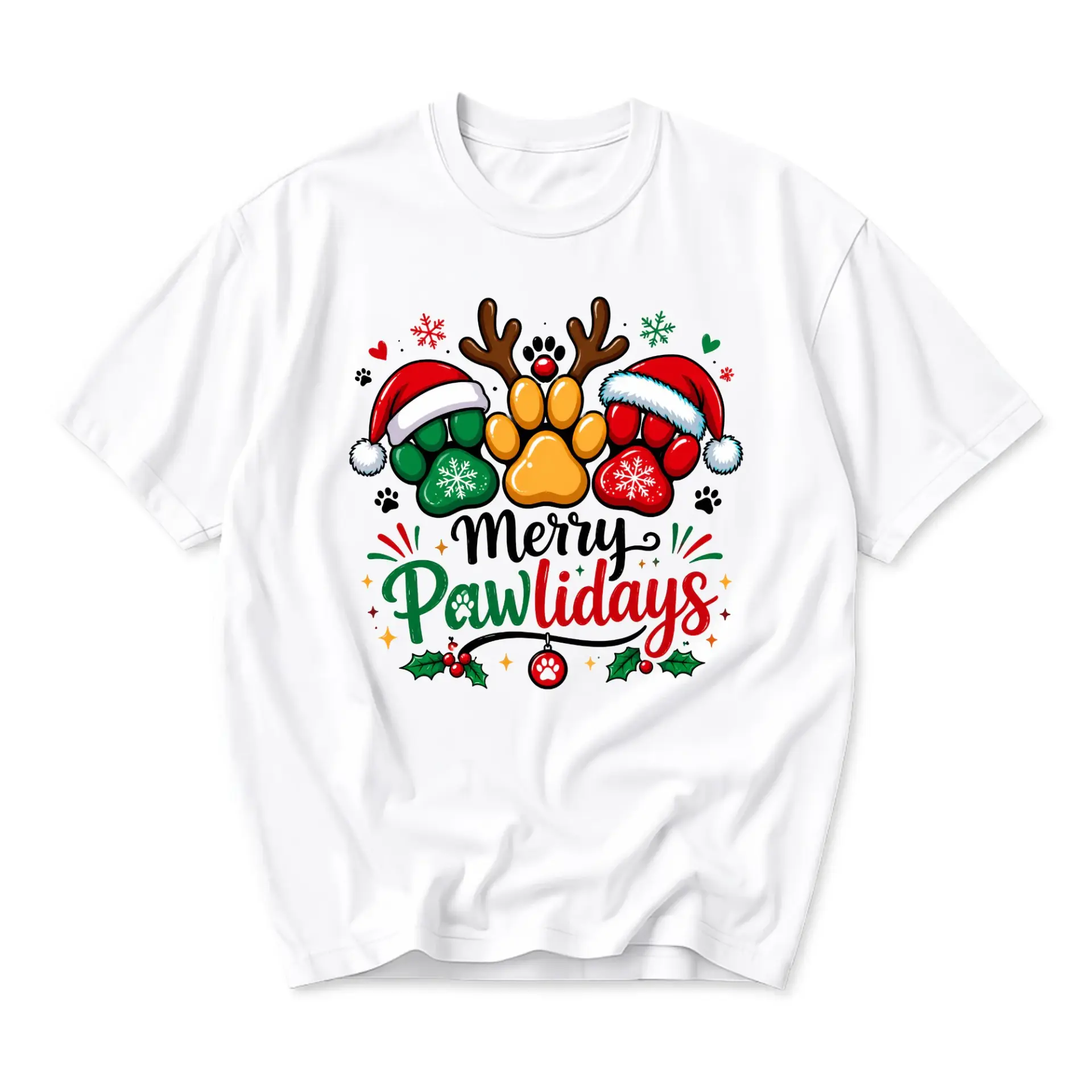 Graphic Tee Merry Pawlidays Christmas Dog Paw Print T-Shirt Funny Holiday
