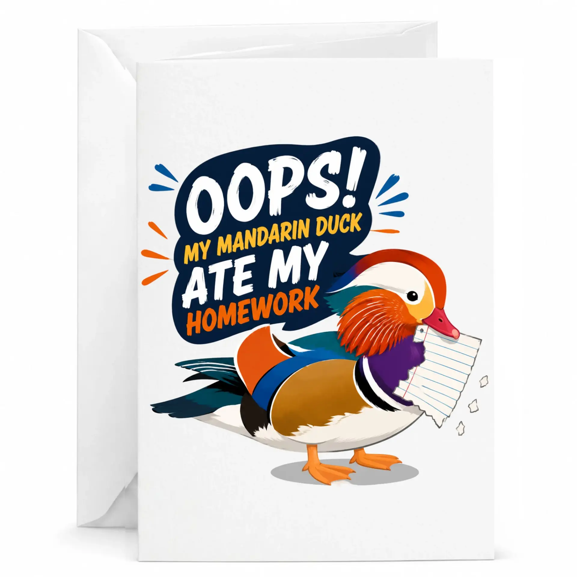 Funny Greeting Card Oops My Mandarin Duck Ate My Homework Bird Pun Birthday Anniversary Encouragement Note