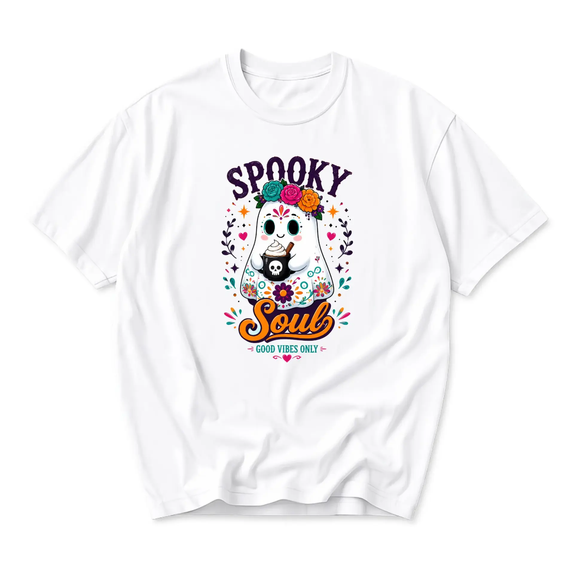 Graphic Tee Spooky Soul Ghost Unisex Shirt Floral Sugar Skull Inspired Art Casual Crew Neck Cotton Apparel White