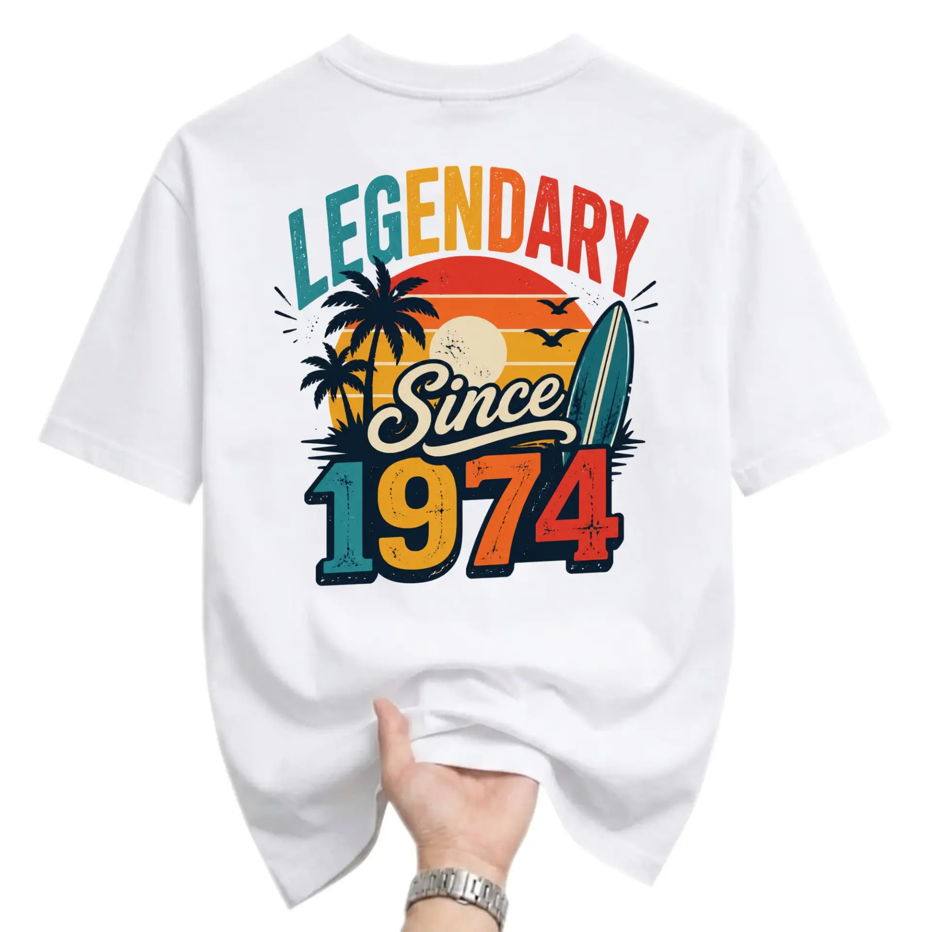 Graphic Tee Legendary Since 1974 Vintage Sunset Surf Unisex Crew Neck T-Shirt for Casual Everyday Wear Birthday Gift