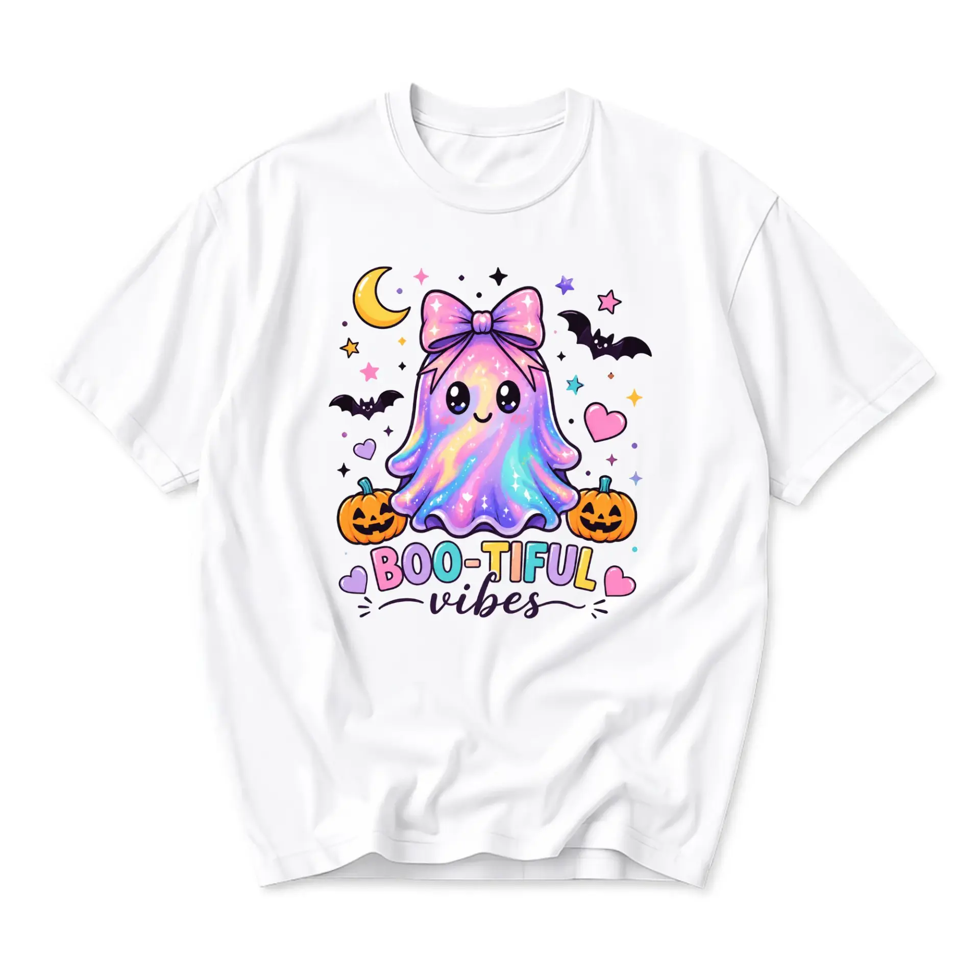 Funny Shirt Boo-Tiful Vibes Graphic Tee Cute Pastel Ghost Halloween Aesthetic Unisex Crew Neck Casual Cotton Top