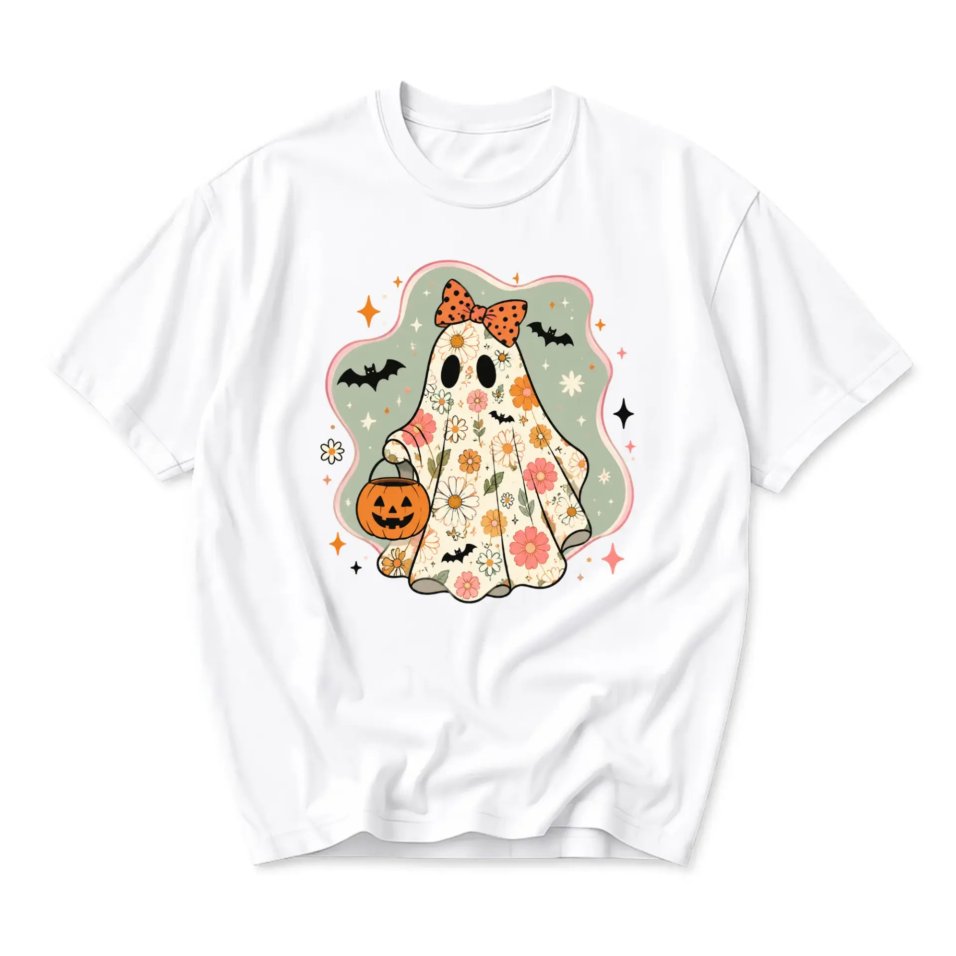 Graphic Tee Cute Floral Ghost Holding Jack O Lantern Pumpkin Halloween Print Unisex Crew Neck Casual Cotton Shirt